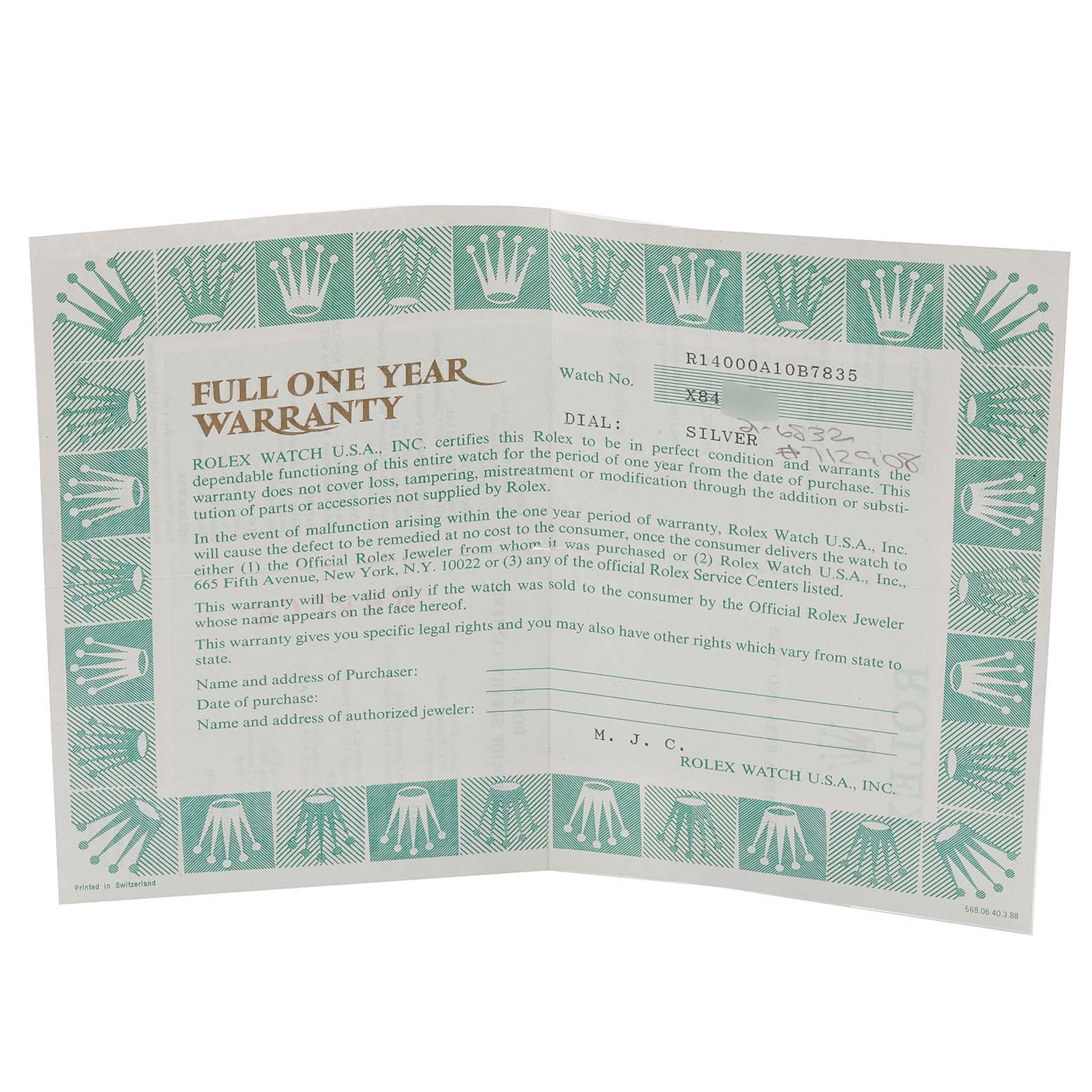 The image shows a full one-year warranty card for the Rolex Air-King 14000 Men's Stainless Steel Silver Dial 14000 Men's Stainless Steel Silver Dial watch.