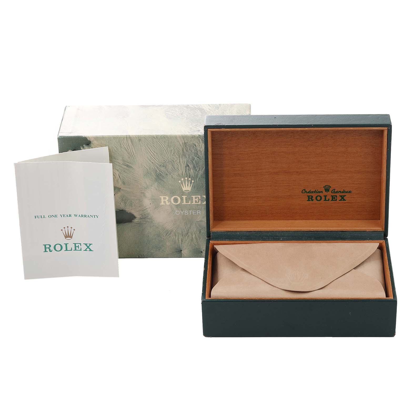 The image shows a Rolex Air-King 14000 Men's Stainless Steel Silver Dial 14000 Men's Stainless Steel Silver Dial watch box, outer packaging, and warranty booklet from a front angle.