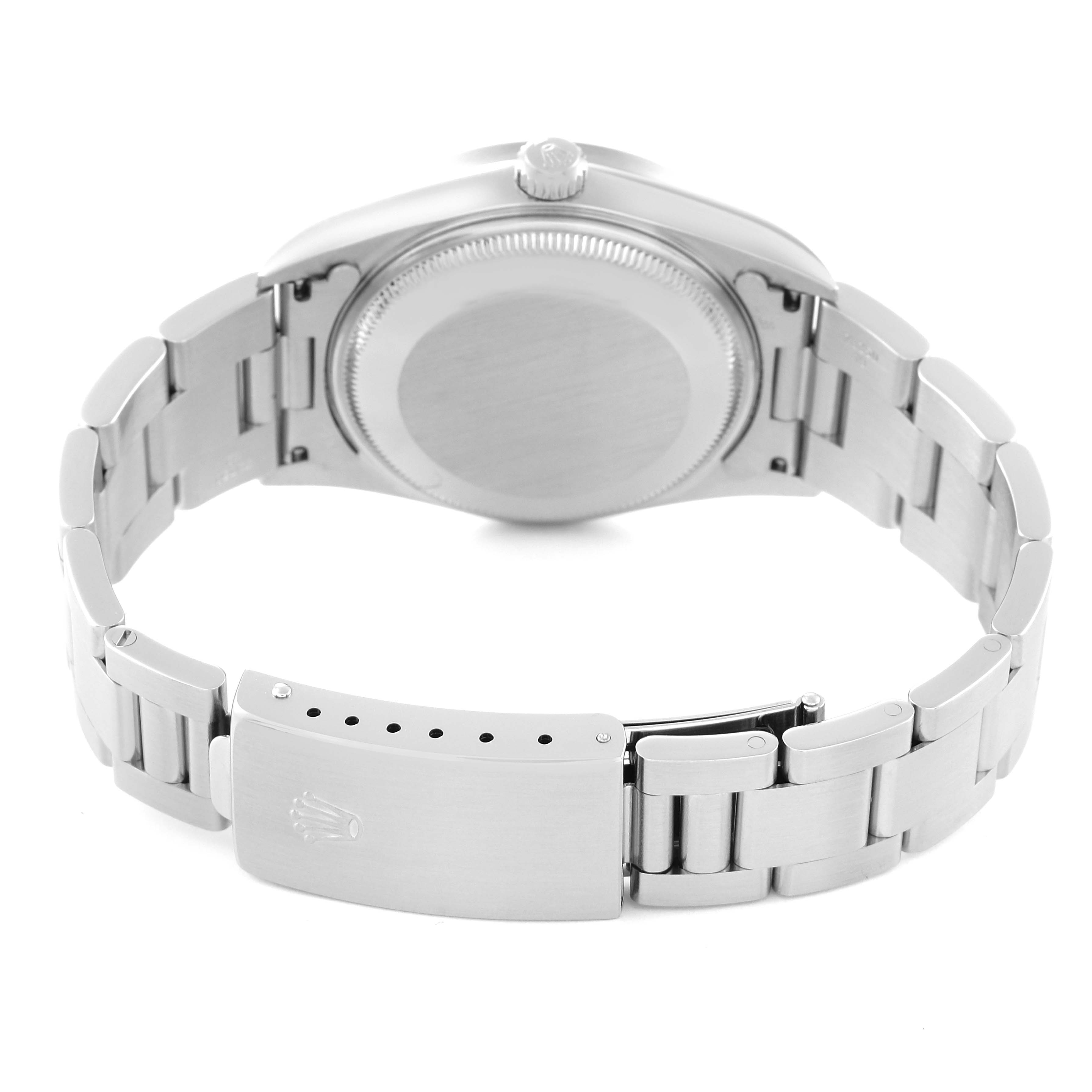 This image shows the back case and bracelet of a Rolex Air-King 14010M Men's Stainless Steel Black Dial 14010M Men's Stainless Steel Black Dial watch from a rear angle.