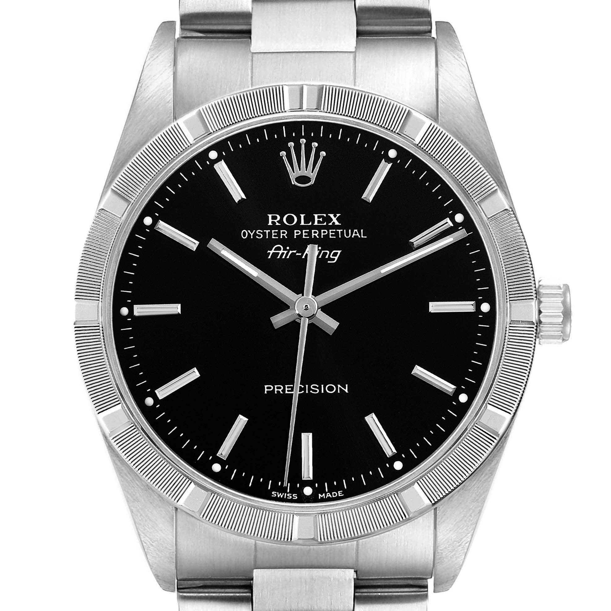 The image shows a front view of the Rolex Air-King 14010M Men's Stainless Steel Black Dial 14010M Men's Stainless Steel Black Dial watch, displaying the dial, crown, bezel, and part of the bracelet.