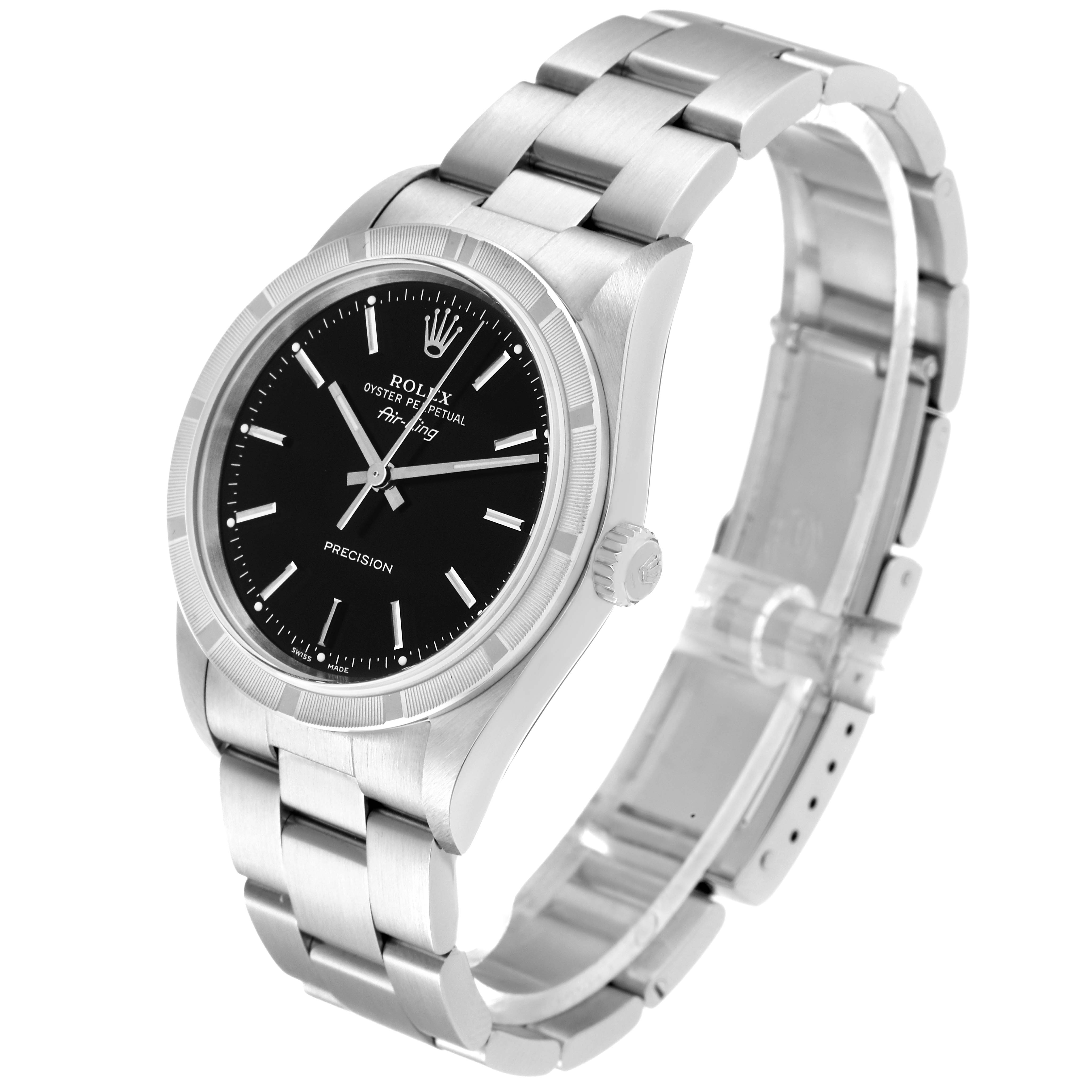 The Rolex Air-King 14010M Men's Stainless Steel Black Dial 14010M Men's Stainless Steel Black Dial watch is shown at a slight side angle, displaying its black dial, metal band, and crown detail.