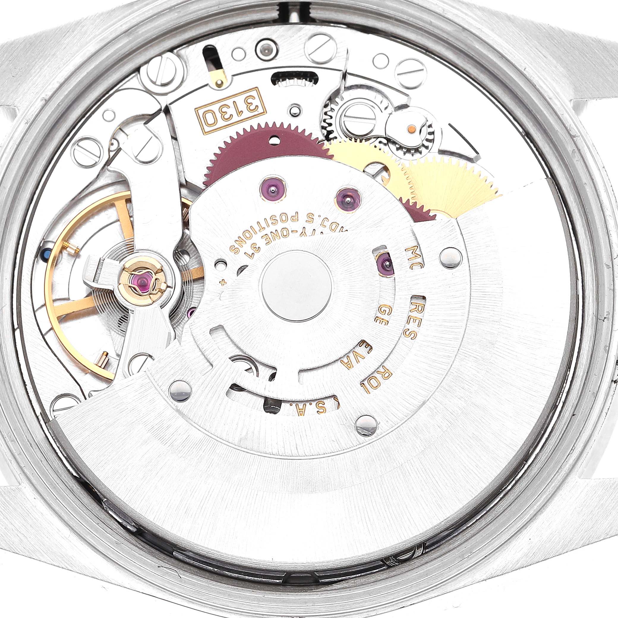 This image shows the internal mechanical movement of a Rolex Air-King 14010M Men's Stainless Steel Black Dial 14010M Men's Stainless Steel Black Dial watch from a top-down angle.