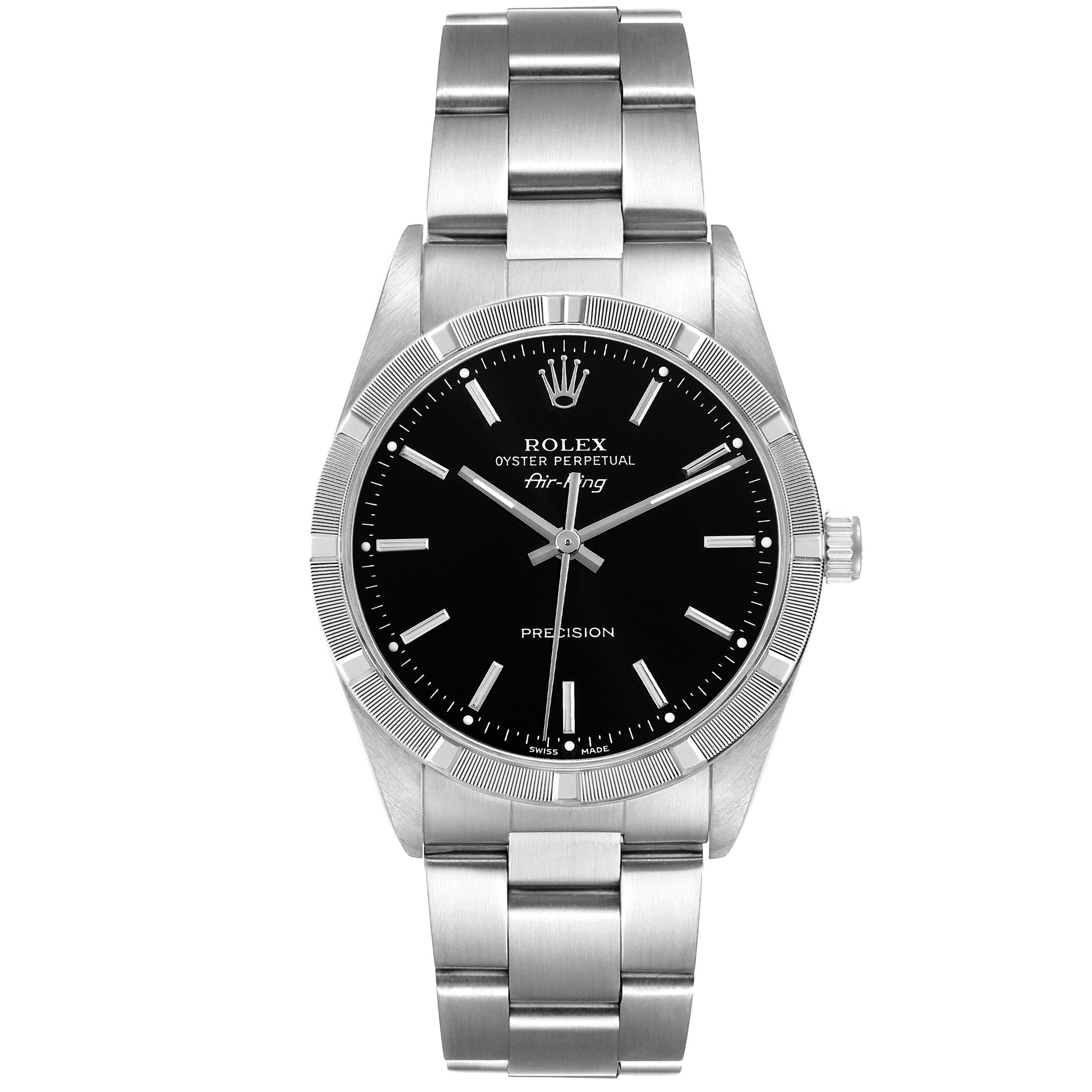 The image shows a front view of the Rolex Air-King 14010M Men's Stainless Steel Black Dial 14010M Men's Stainless Steel Black Dial watch featuring its dial, bezel, bracelet, and crown.