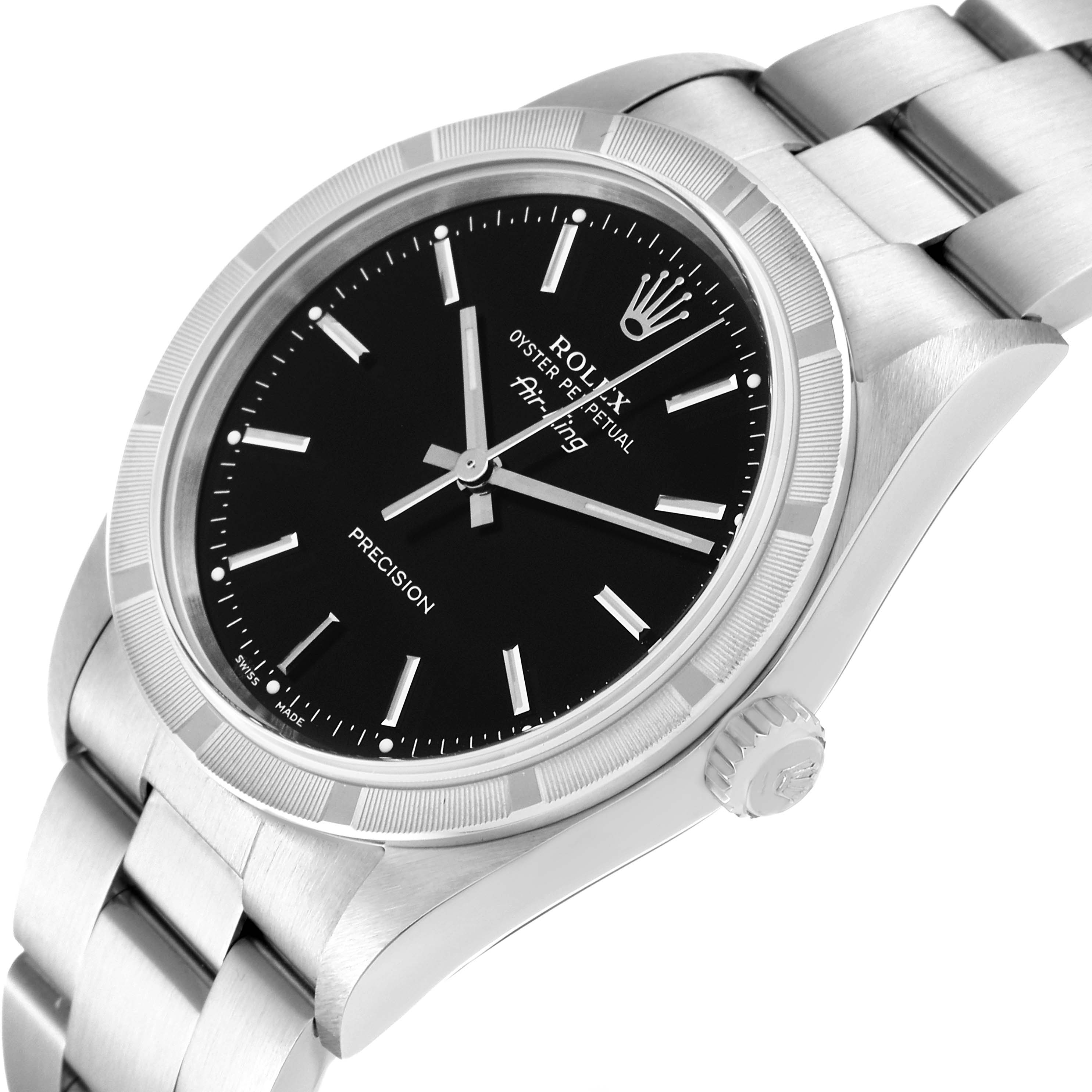 The Rolex Air-King 14010M Men's Stainless Steel Black Dial 14010M Men's Stainless Steel Black Dial watch is shown at an angled view highlighting the face, bezel, crown, and part of the bracelet.