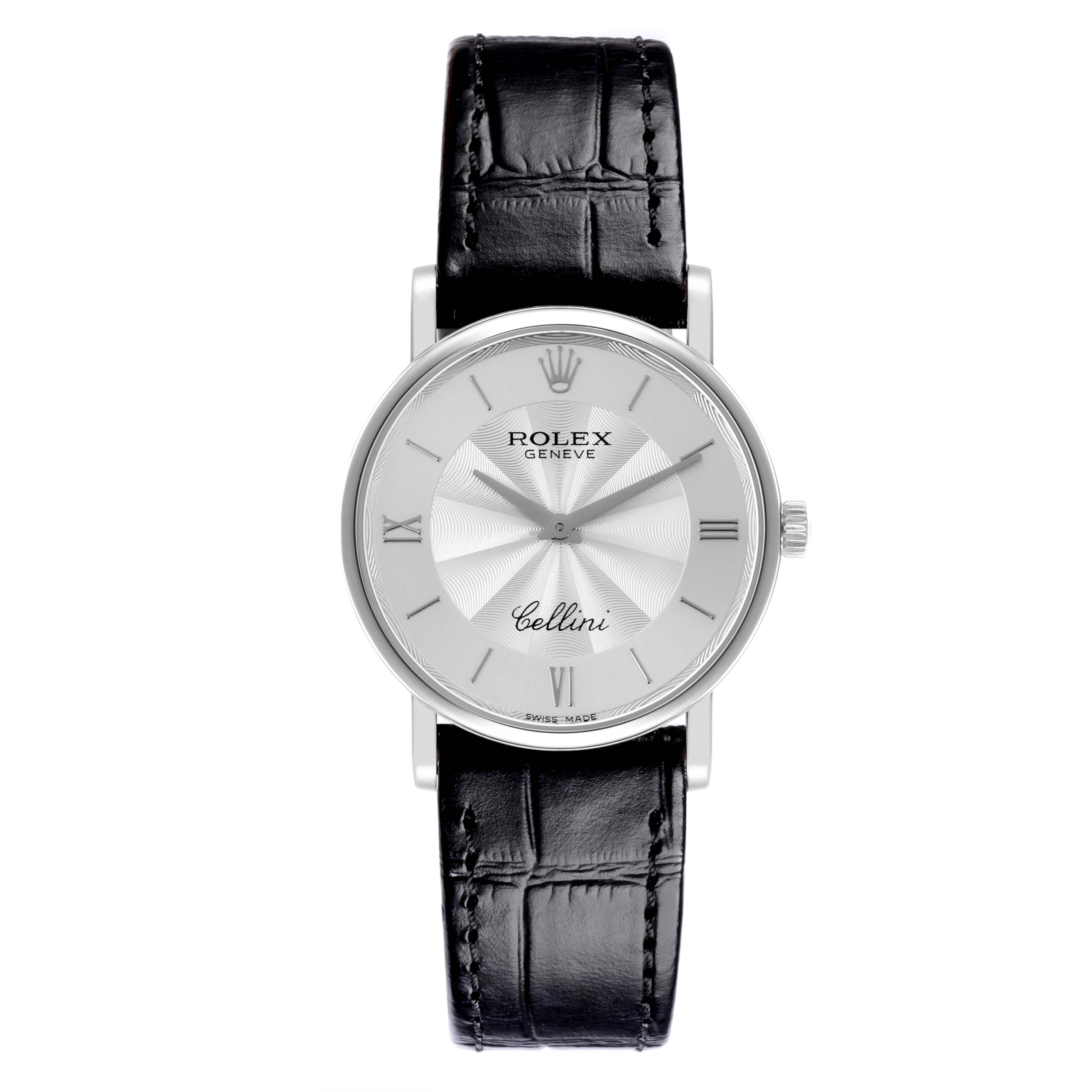 The Rolex Cellini 5115/9 Men
s White Gold Silver Dial 5115/9 Men
s White Gold Silver Dial watch is shown from the front, displaying its dial, bezel, black leather strap, and crown.