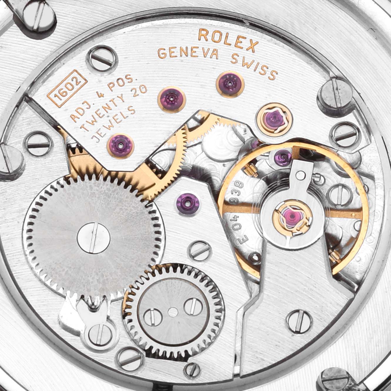 The image shows the intricate mechanism of a Rolex Cellini 5115/9 Men
s White Gold Silver Dial 5115/9 Men
s White Gold Silver Dial watch from a top-down angle.