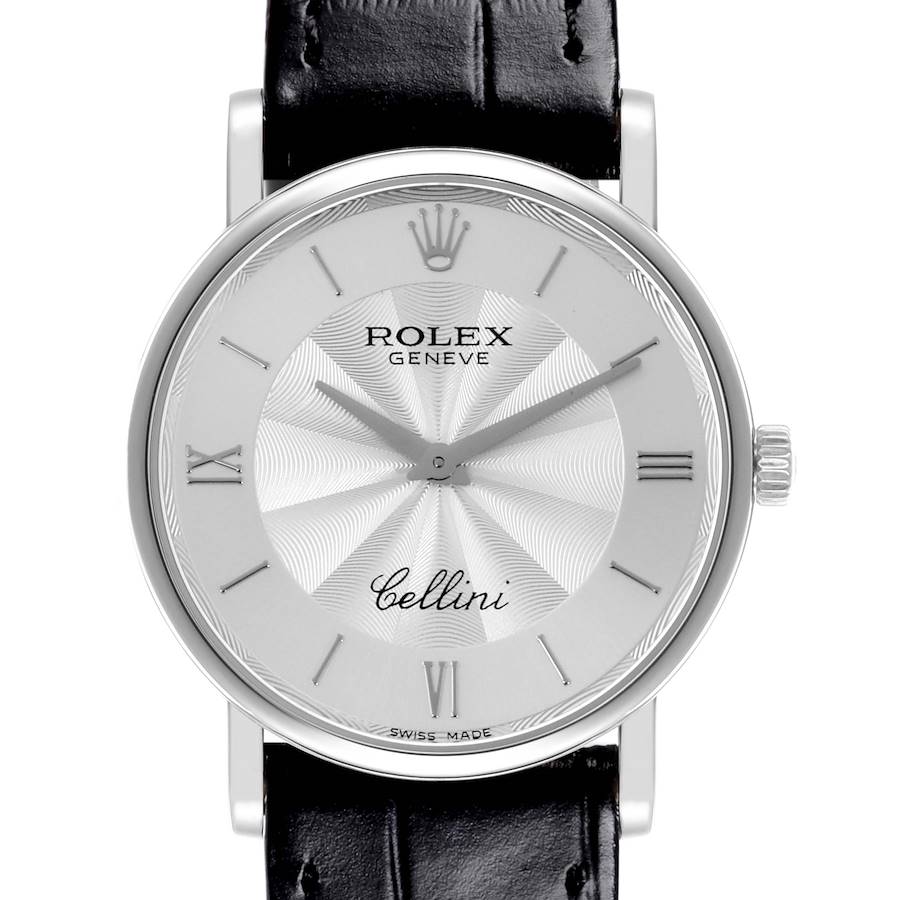 The image shows a frontal view of the Rolex Cellini watch, displaying its face, crown, and partial strap.