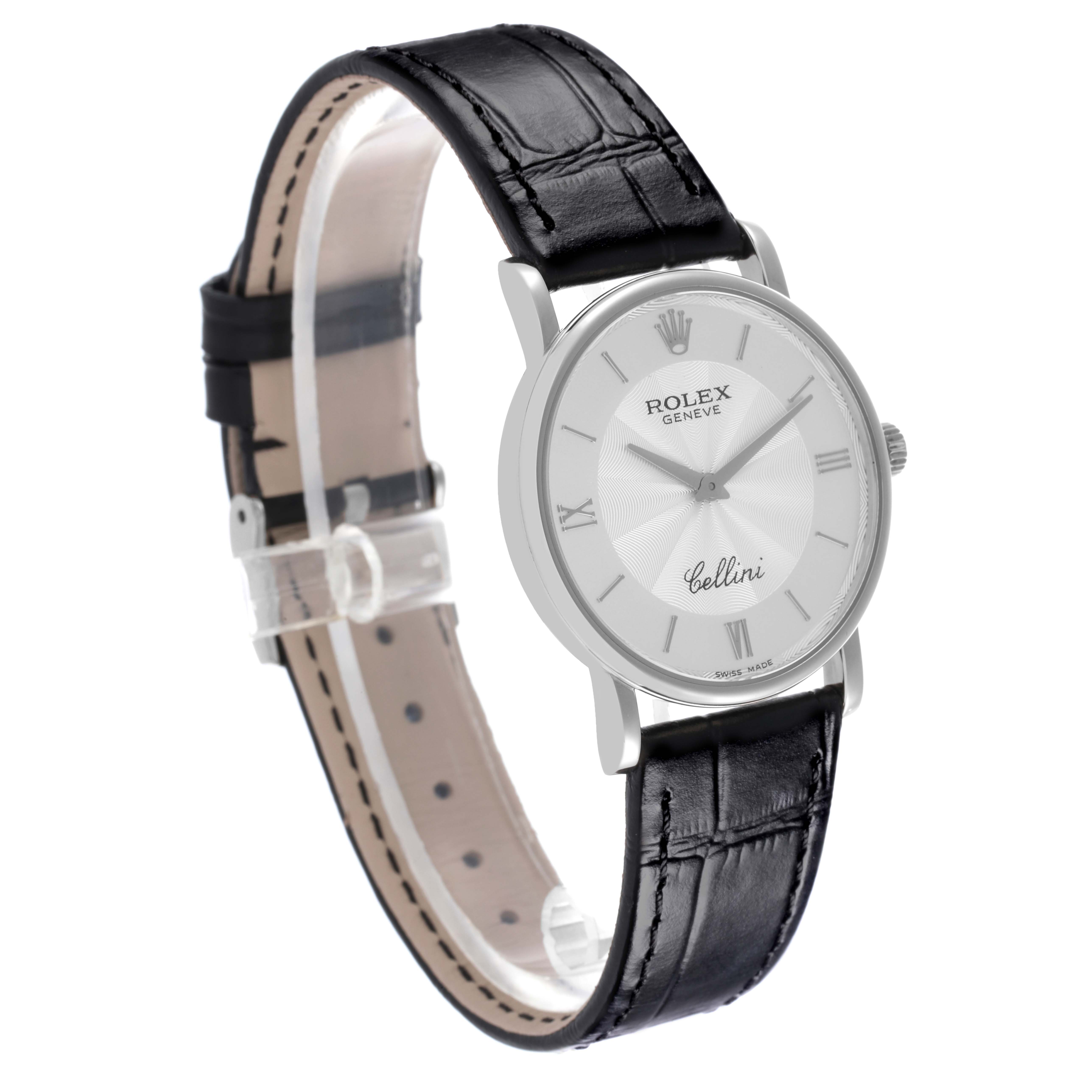 The Rolex Cellini 5115/9 Men
s White Gold Silver Dial 5115/9 Men
s White Gold Silver Dial watch is shown at a three-quarter angle, displaying the face, strap, buckle, and side view.