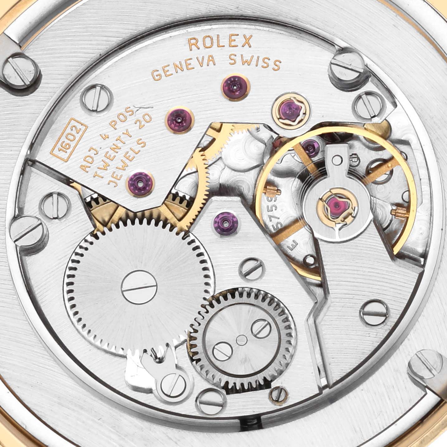 The image shows the movement mechanism of a Rolex Cellini 5115 Men's Yellow Gold Champagne Dial 5115 Men's Yellow Gold Champagne Dial watch from a top-down angle.