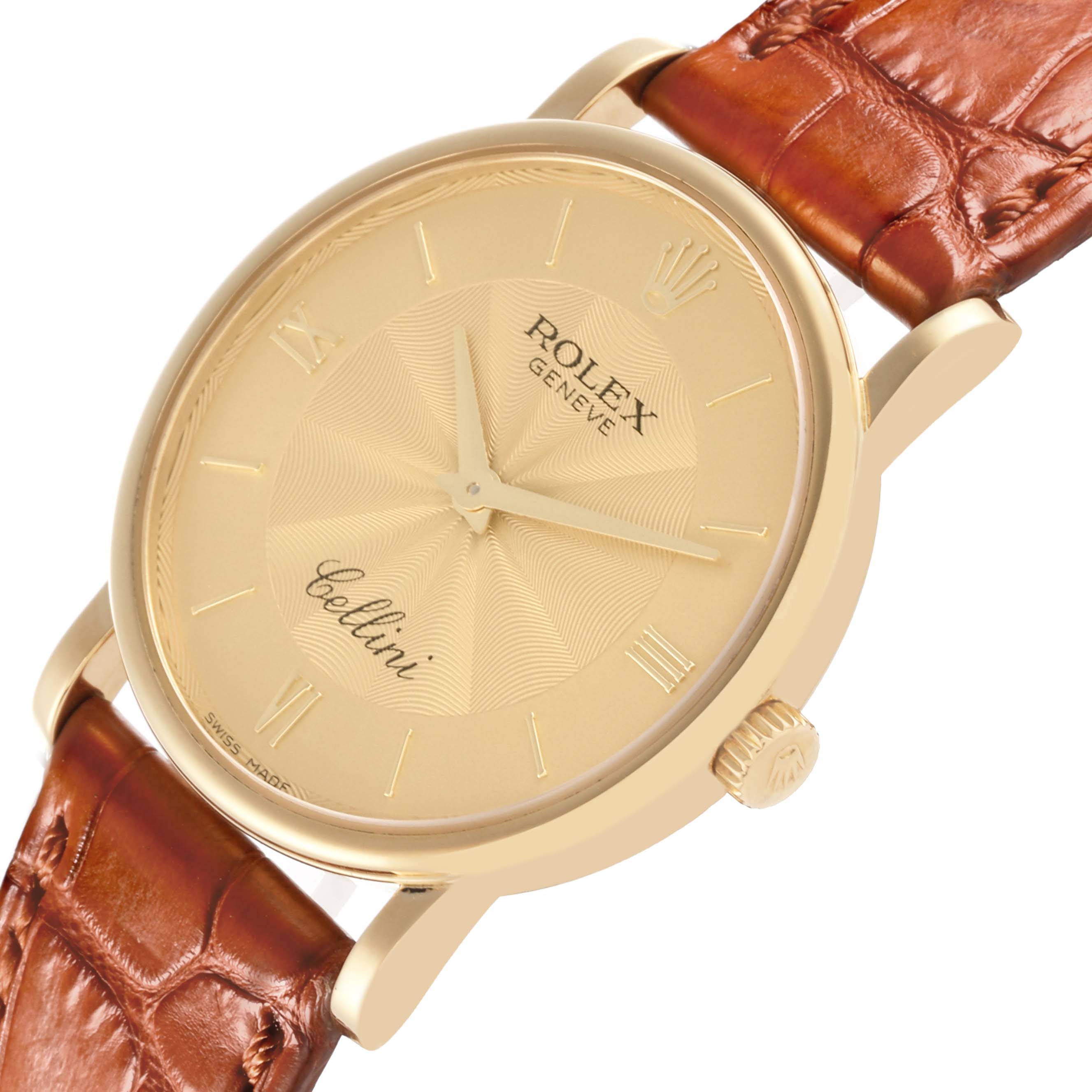 The Rolex Cellini 5115 Men's Yellow Gold Champagne Dial 5115 Men's Yellow Gold Champagne Dial watch is shown from an angled close-up, highlighting the face, case, crown, and leather strap.