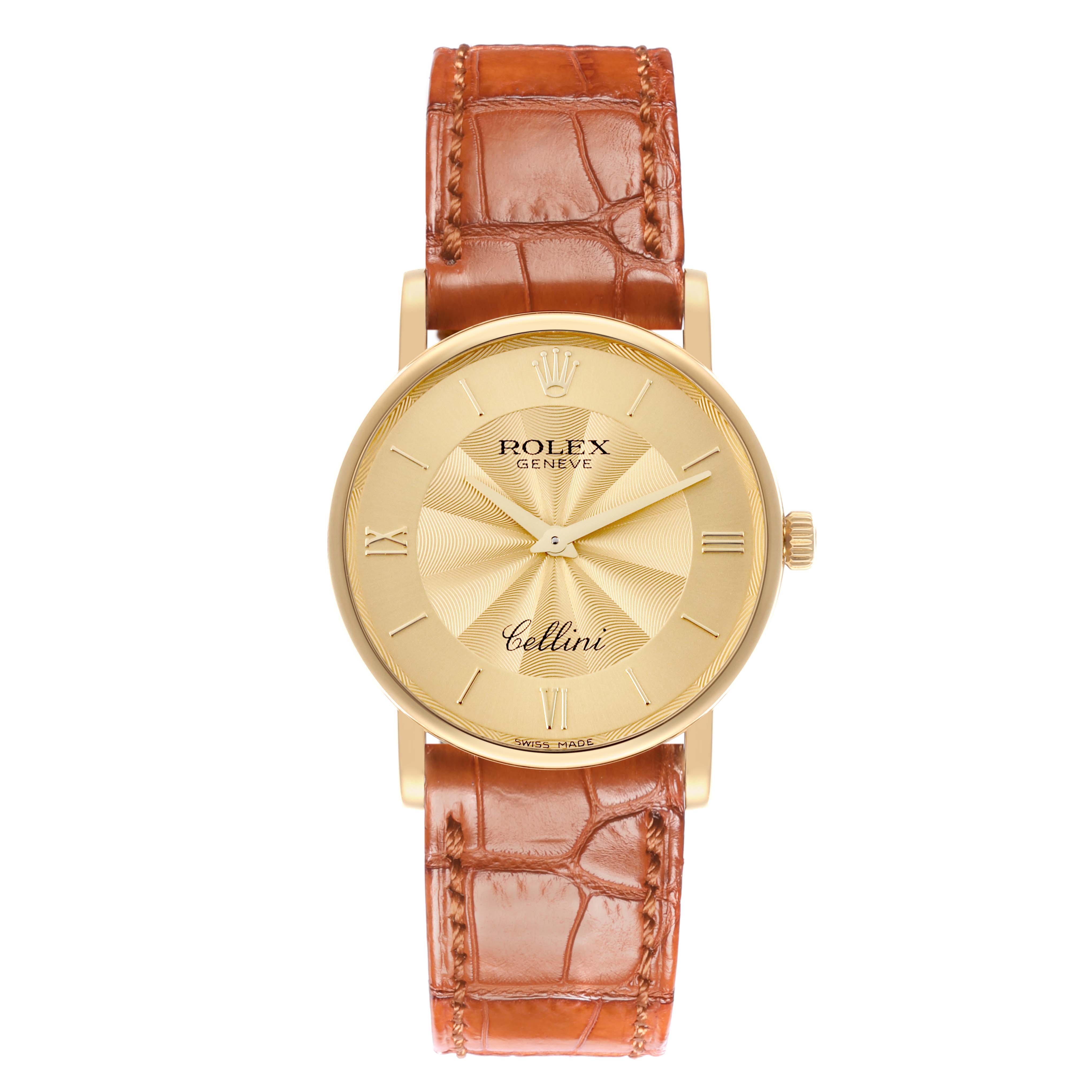 The Rolex Cellini 5115 Men's Yellow Gold Champagne Dial 5115 Men's Yellow Gold Champagne Dial watch is shown from the front, displaying its gold dial and brown leather strap.