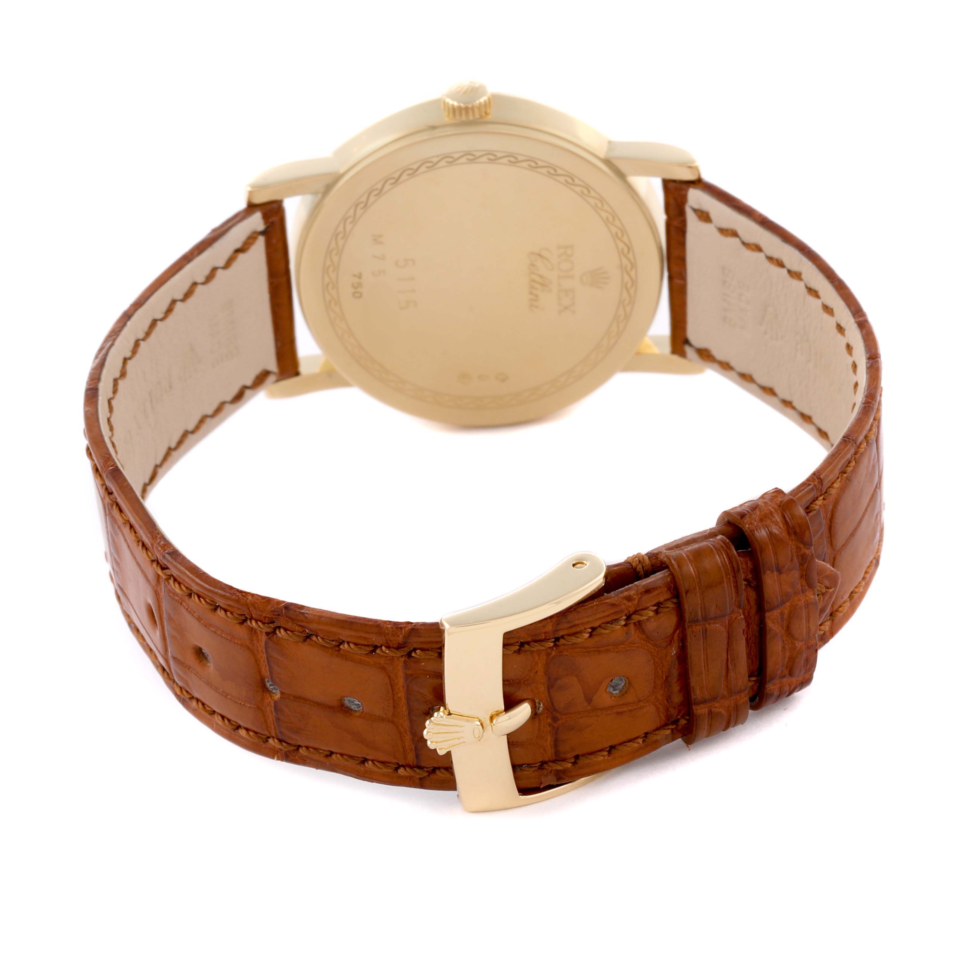 The image shows the back view of the Rolex Cellini 5115 Men's Yellow Gold Champagne Dial 5115 Men's Yellow Gold Champagne Dial watch, highlighting the leather strap and clasp.