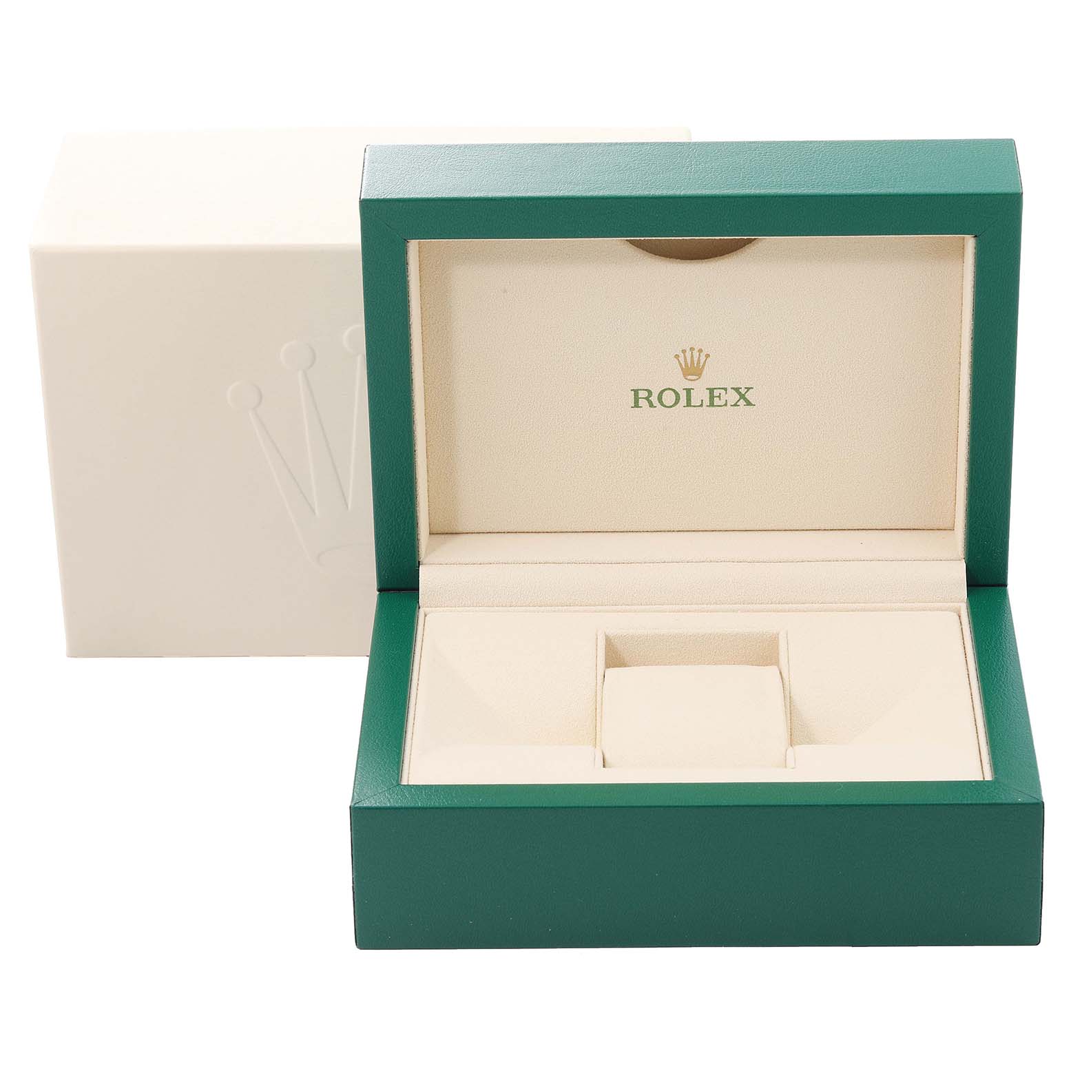 The image shows the open green and cream-colored box for a Rolex Cellini 50529 Men
s White Gold Black Dial 50529 Men
s White Gold Black Dial watch, displaying the logo inside the lid.