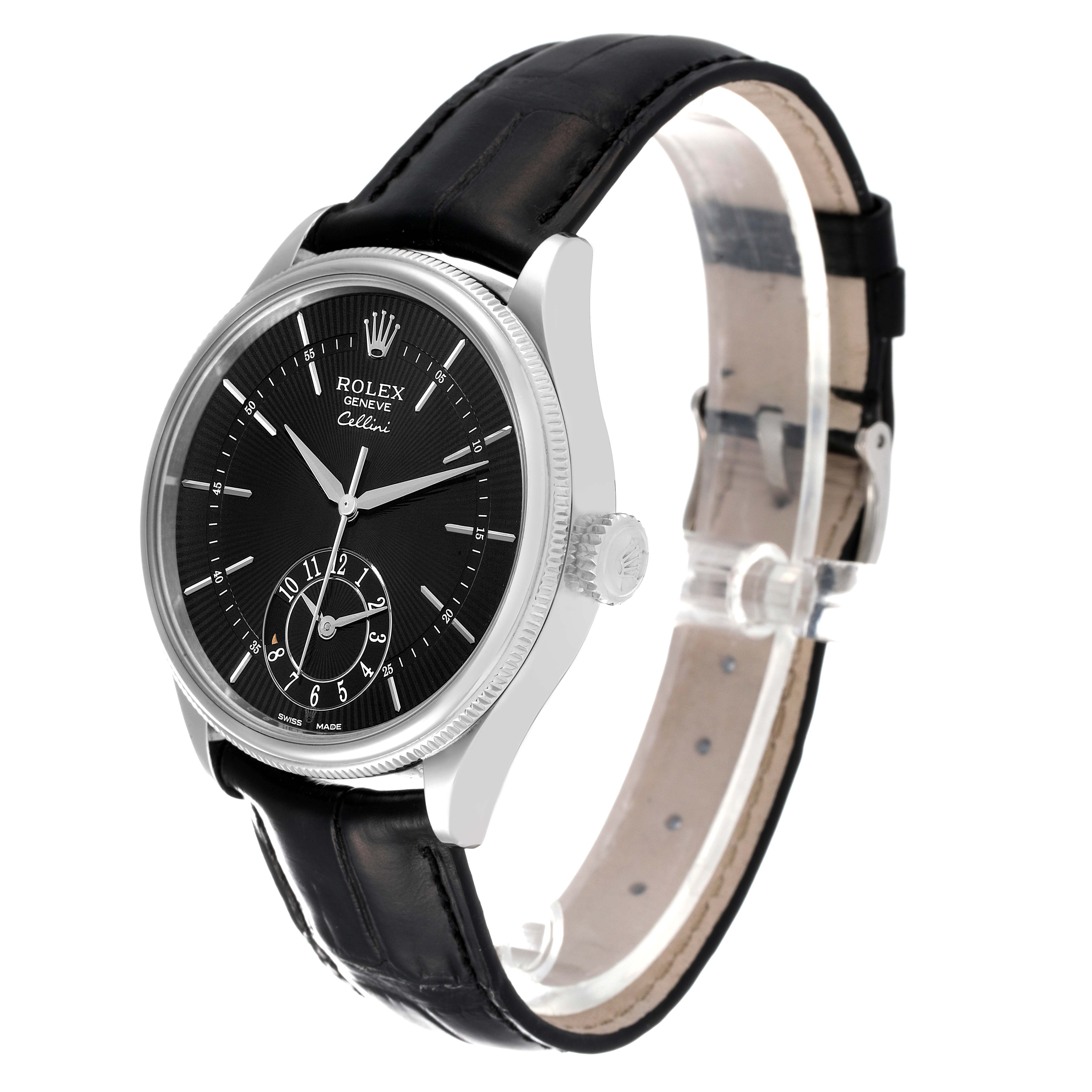 The Rolex Cellini 50529 Men
s White Gold Black Dial 50529 Men
s White Gold Black Dial watch is shown at a three-quarter angle, highlighting the face, crown, and leather strap.