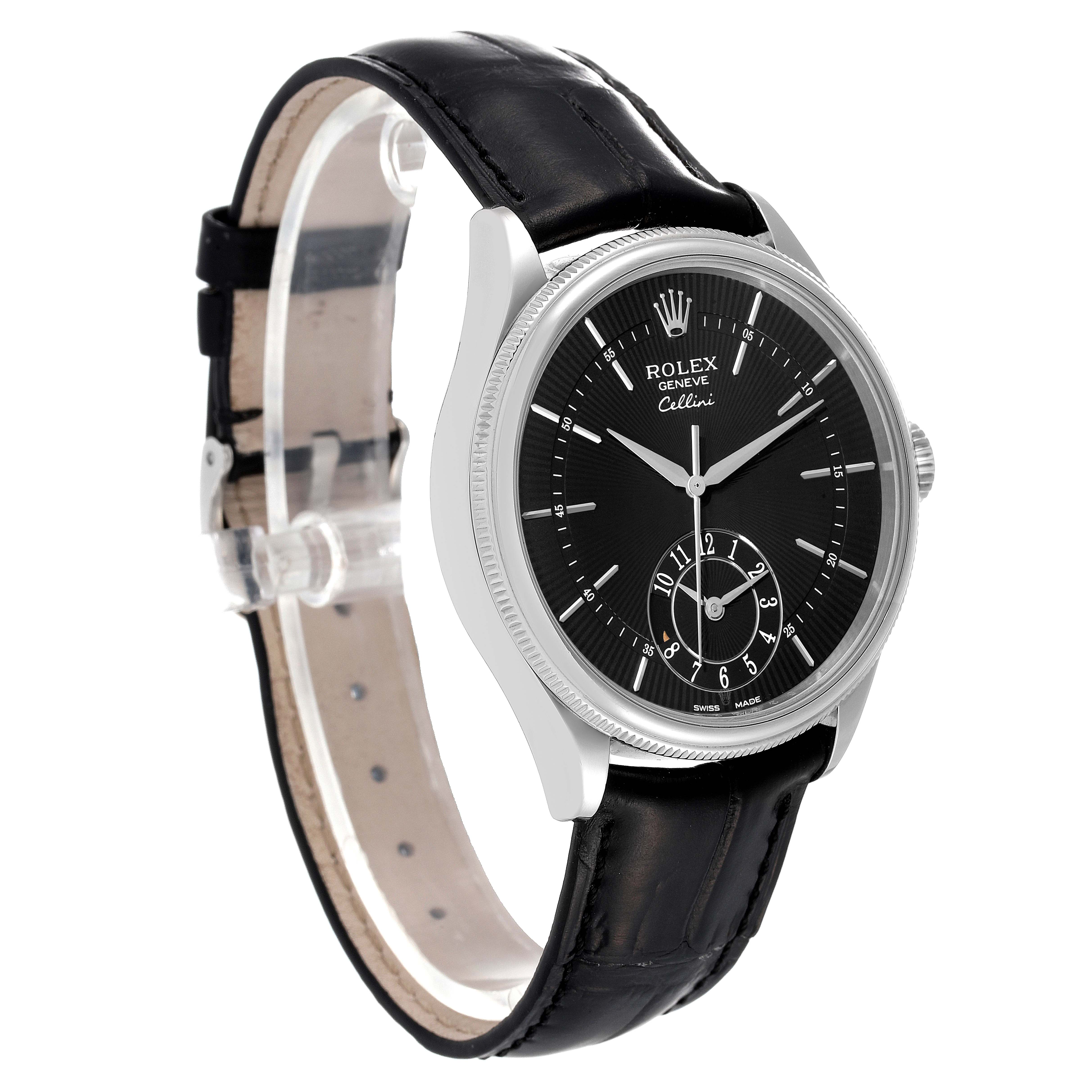 This image shows a Rolex Cellini 50529 Men
s White Gold Black Dial 50529 Men
s White Gold Black Dial watch at a three-quarter angle, highlighting the black dial, silver case, and black leather strap.