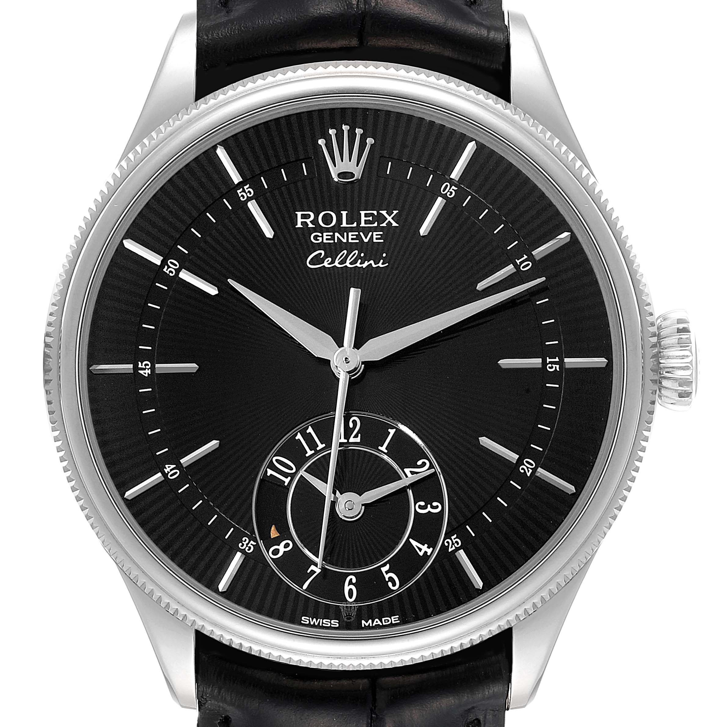 This image shows a front view of the Rolex Cellini 50529 Men
s White Gold Black Dial 50529 Men
s White Gold Black Dial watch, highlighting its black dial, silver indices, and sub-dial for seconds.
