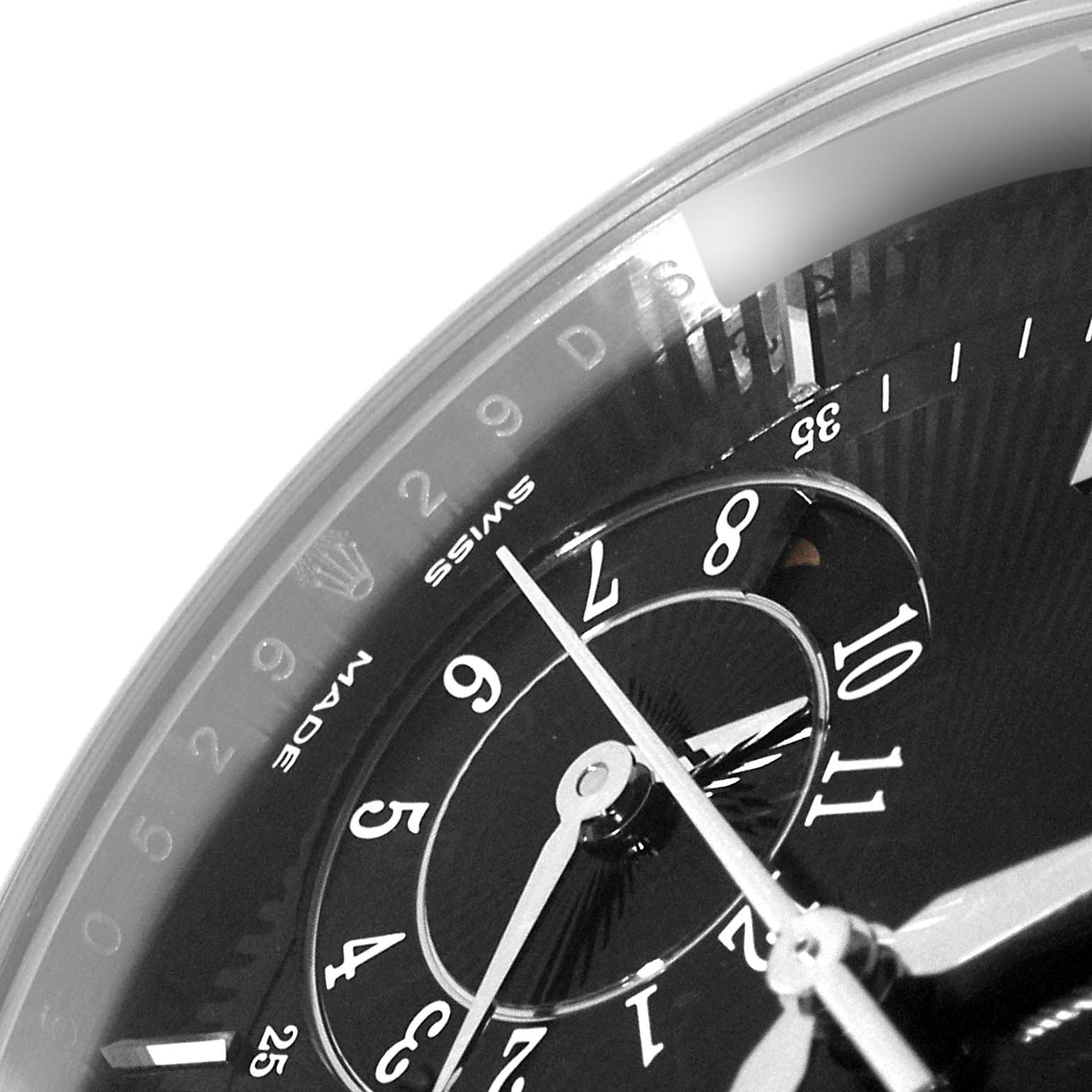 This close-up angle shows the dial and hands of the Rolex Cellini 50529 Men
s White Gold Black Dial 50529 Men
s White Gold Black Dial watch.