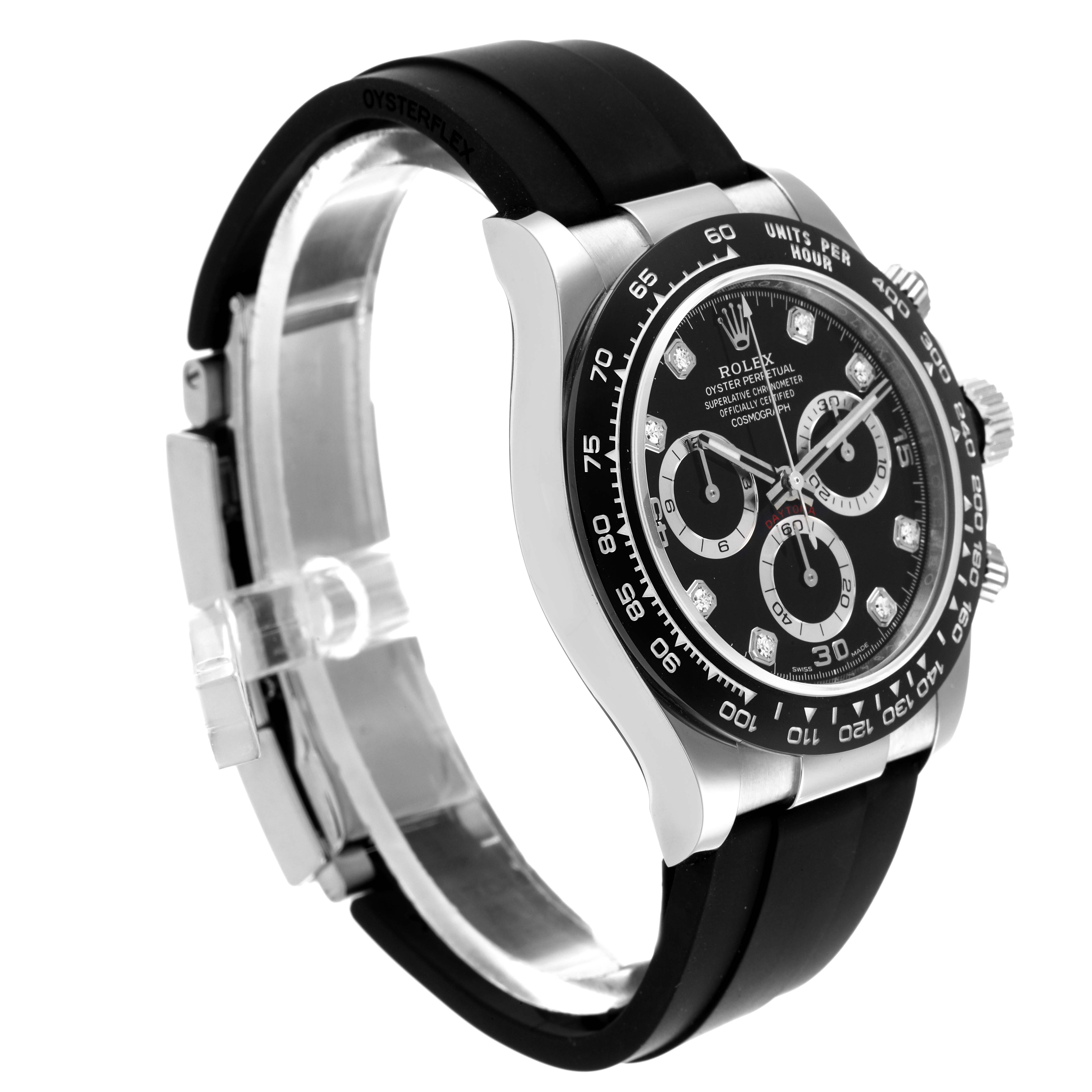 The Rolex Daytona 116519LN Men's White Gold Black Dial 116519LN Men's White Gold Black Dial watch is shown from a side angle, highlighting the bezel, dial, crown, and part of the strap.