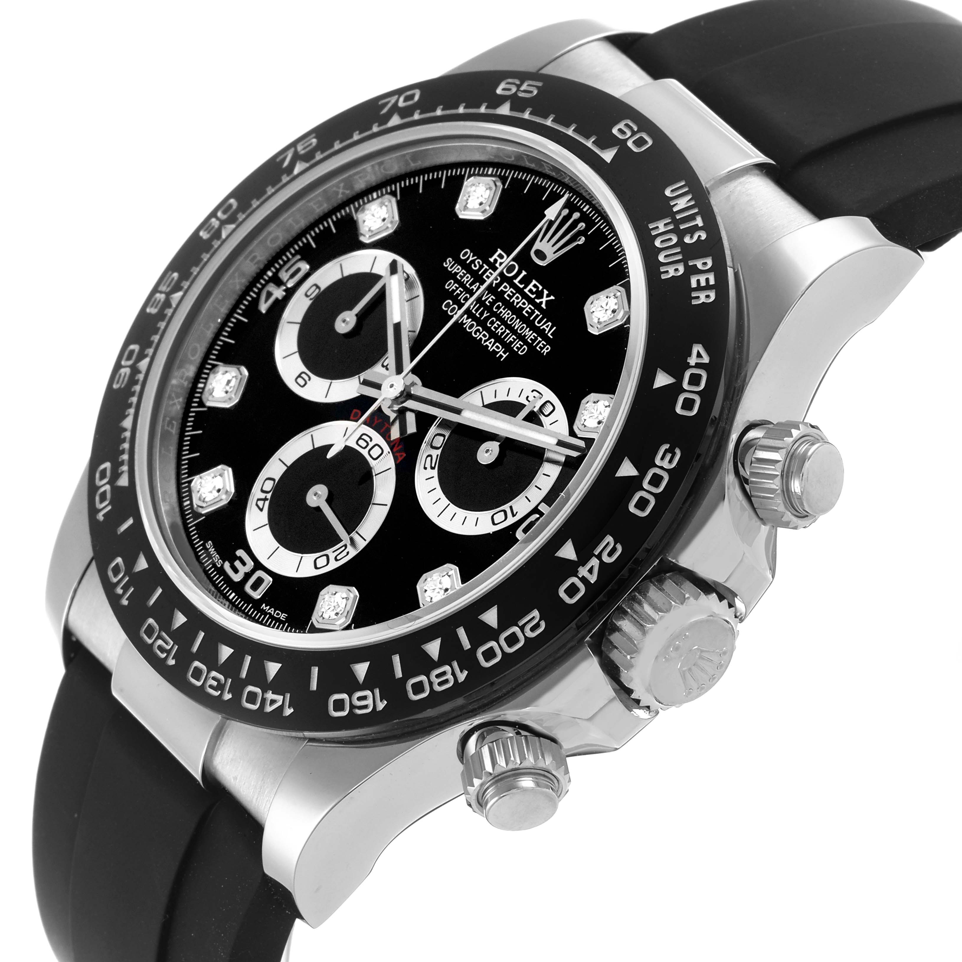 The Rolex Daytona 116519LN Men's White Gold Black Dial 116519LN Men's White Gold Black Dial watch is shown at a three-quarter angle, displaying the dial, crown, and pushers.