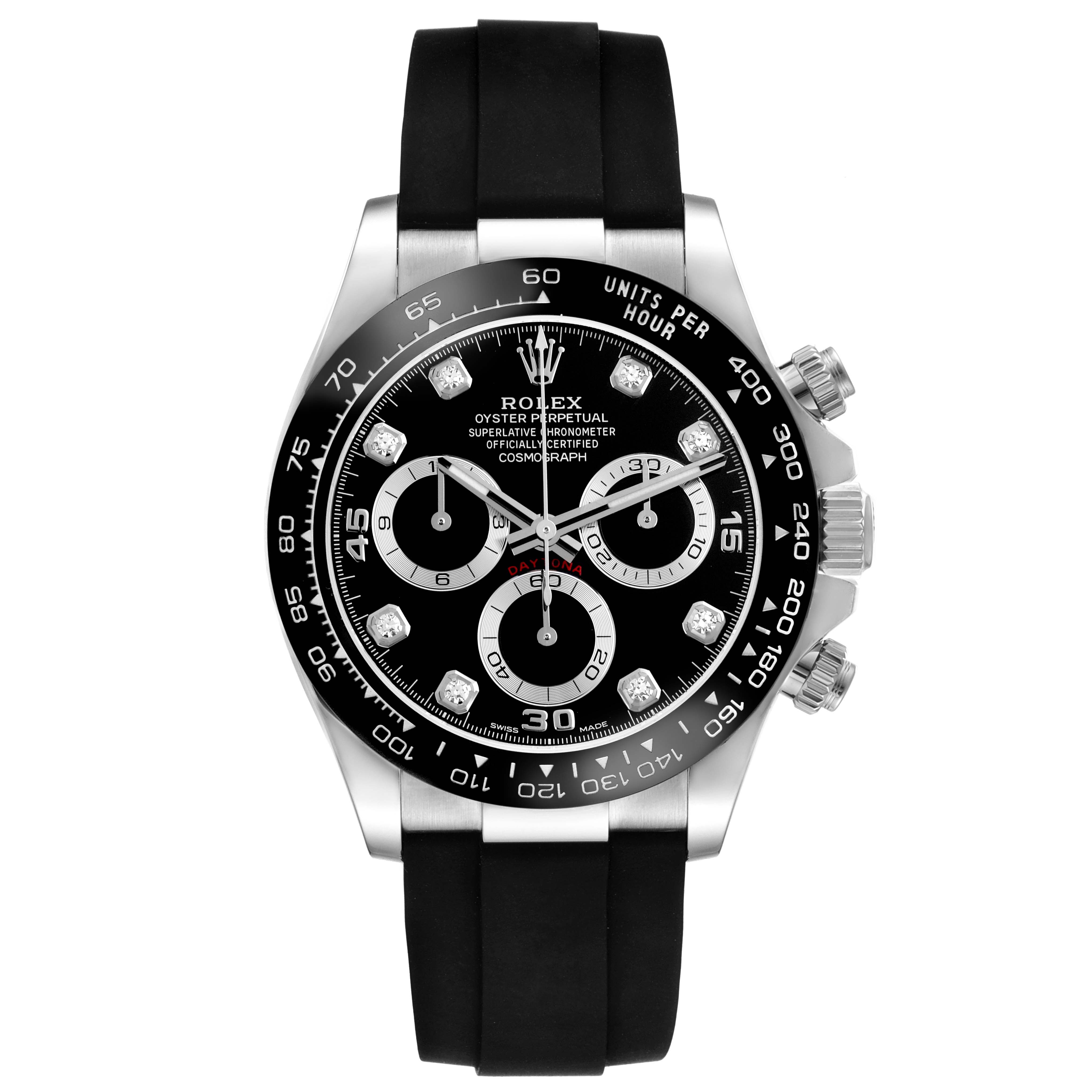 The Rolex Daytona 116519LN Men's White Gold Black Dial 116519LN Men's White Gold Black Dial watch is shown from a front angle, displaying its face, bezel, and band.