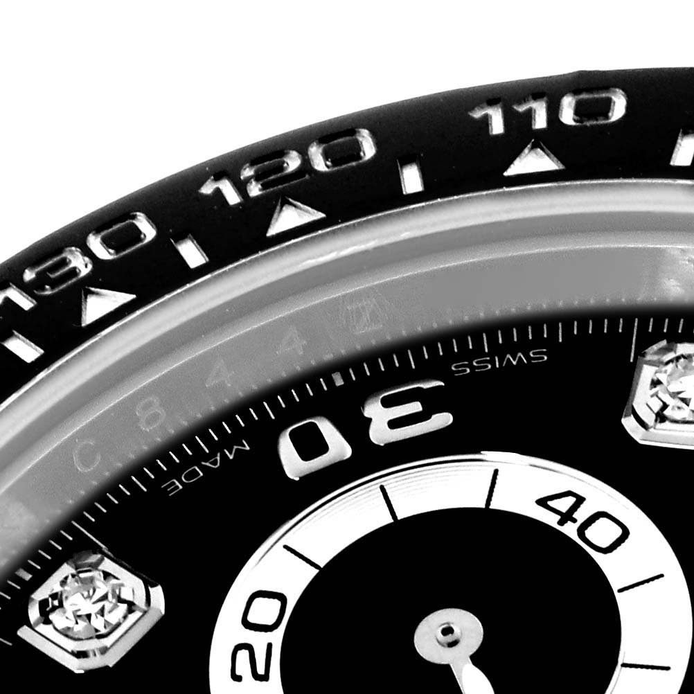 The image shows a close-up of the bezel and sub-dial of a Rolex Daytona 116519LN Men's White Gold Black Dial 116519LN Men's White Gold Black Dial watch, highlighting the tachymetric scale.