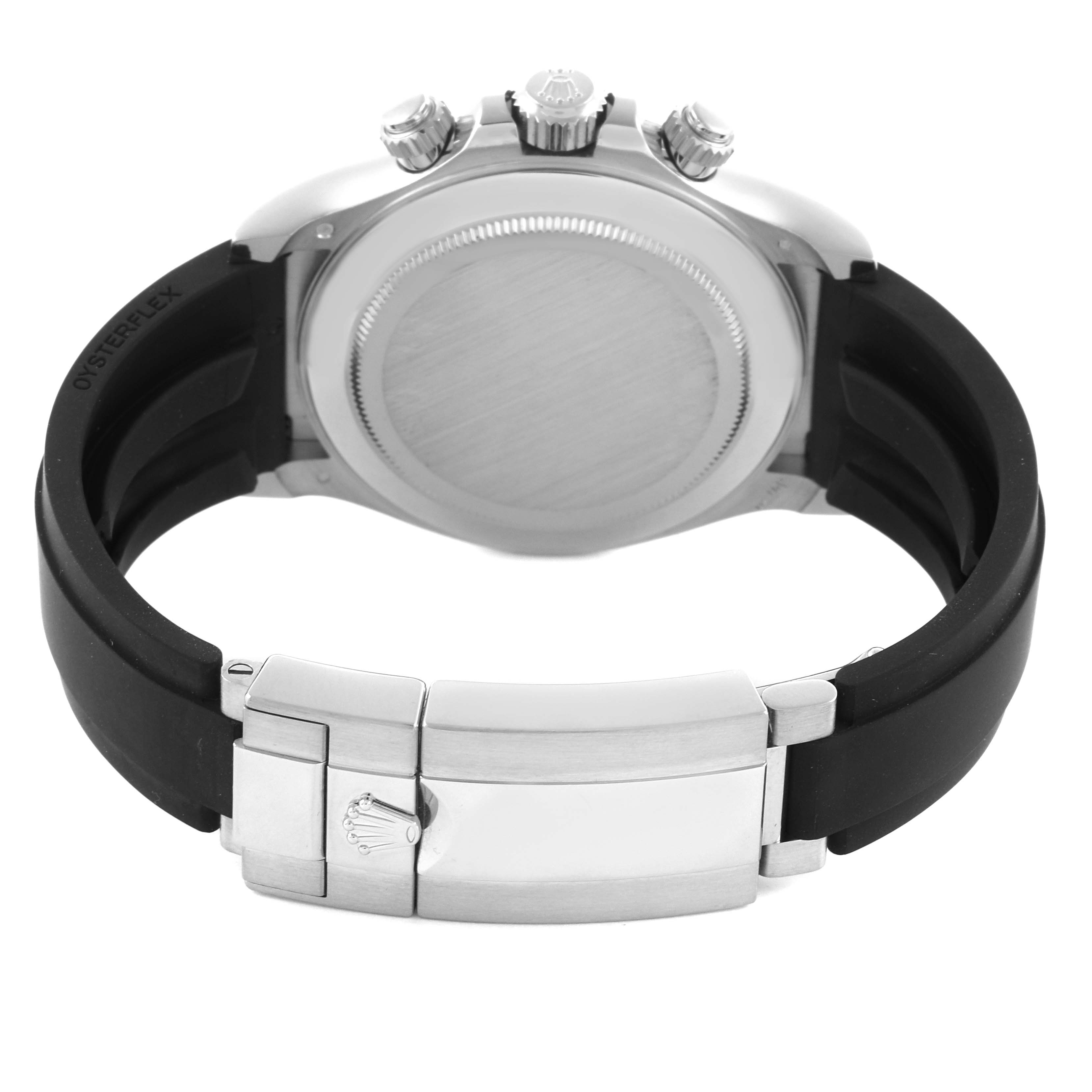 The Rolex Daytona 116519LN Men's White Gold Black Dial 116519LN Men's White Gold Black Dial is shown from the back, highlighting the case back, crown, pushers, and black Oysterflex strap.