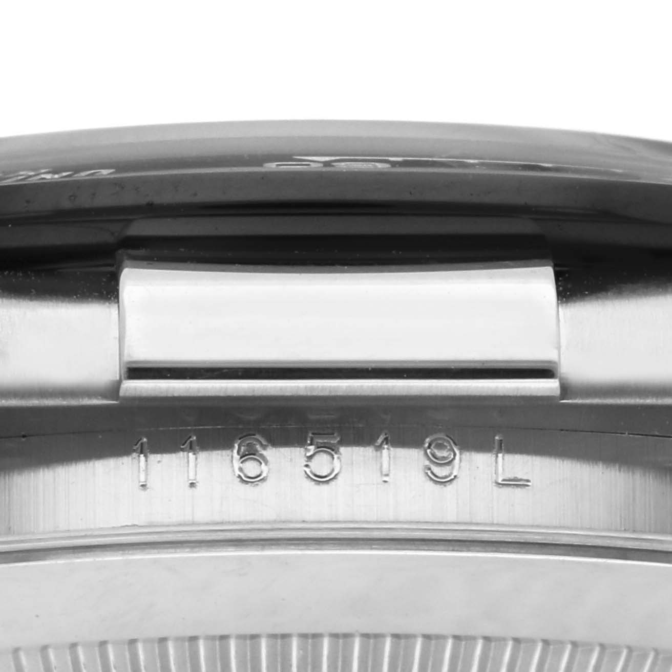 The image shows a close-up view of the side of a Rolex Daytona 116519LN Men's White Gold Black Dial 116519LN Men's White Gold Black Dial, highlighting the case and part of the serial number.