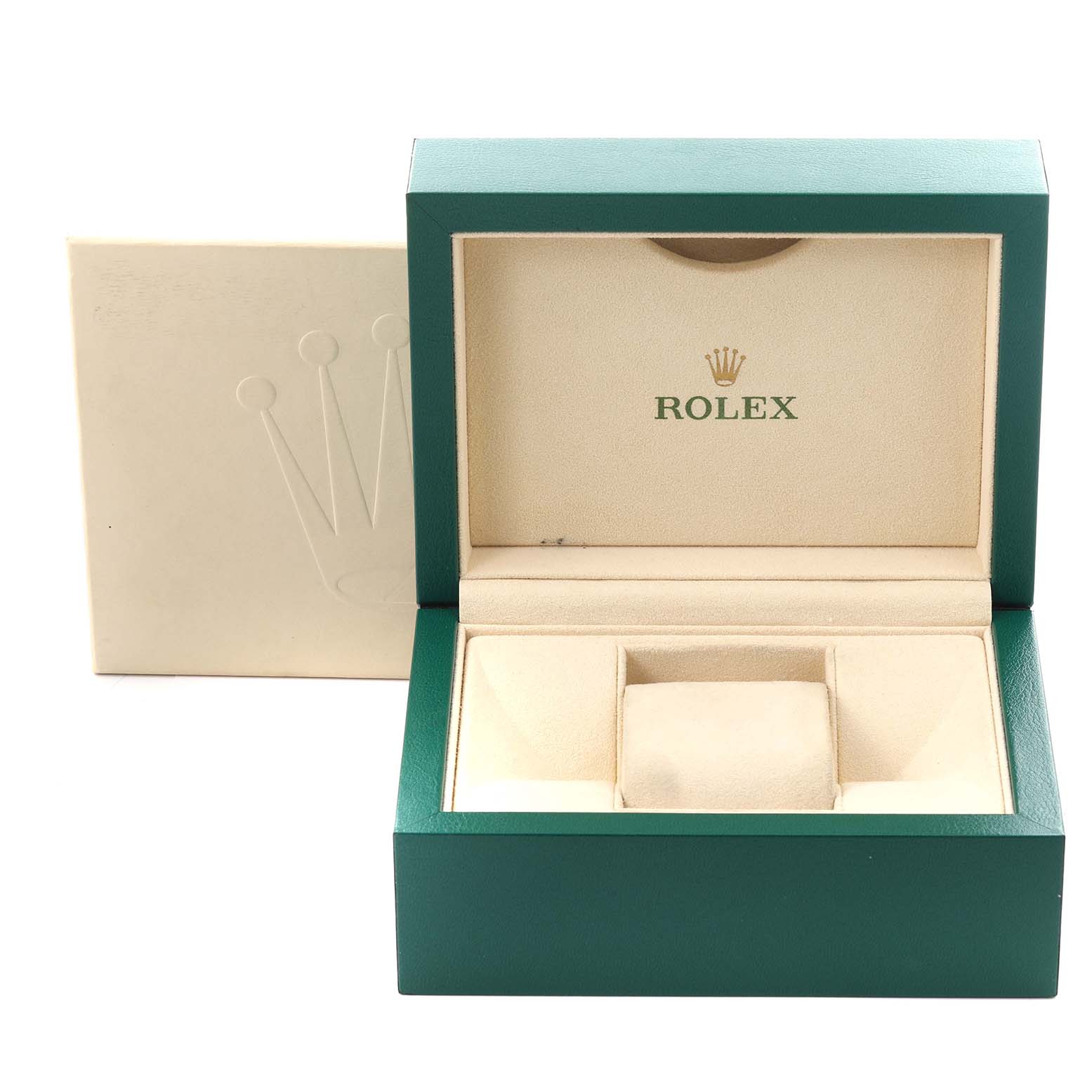 The image shows an open green and beige Rolex box for a Daytona model watch, viewed from the front.