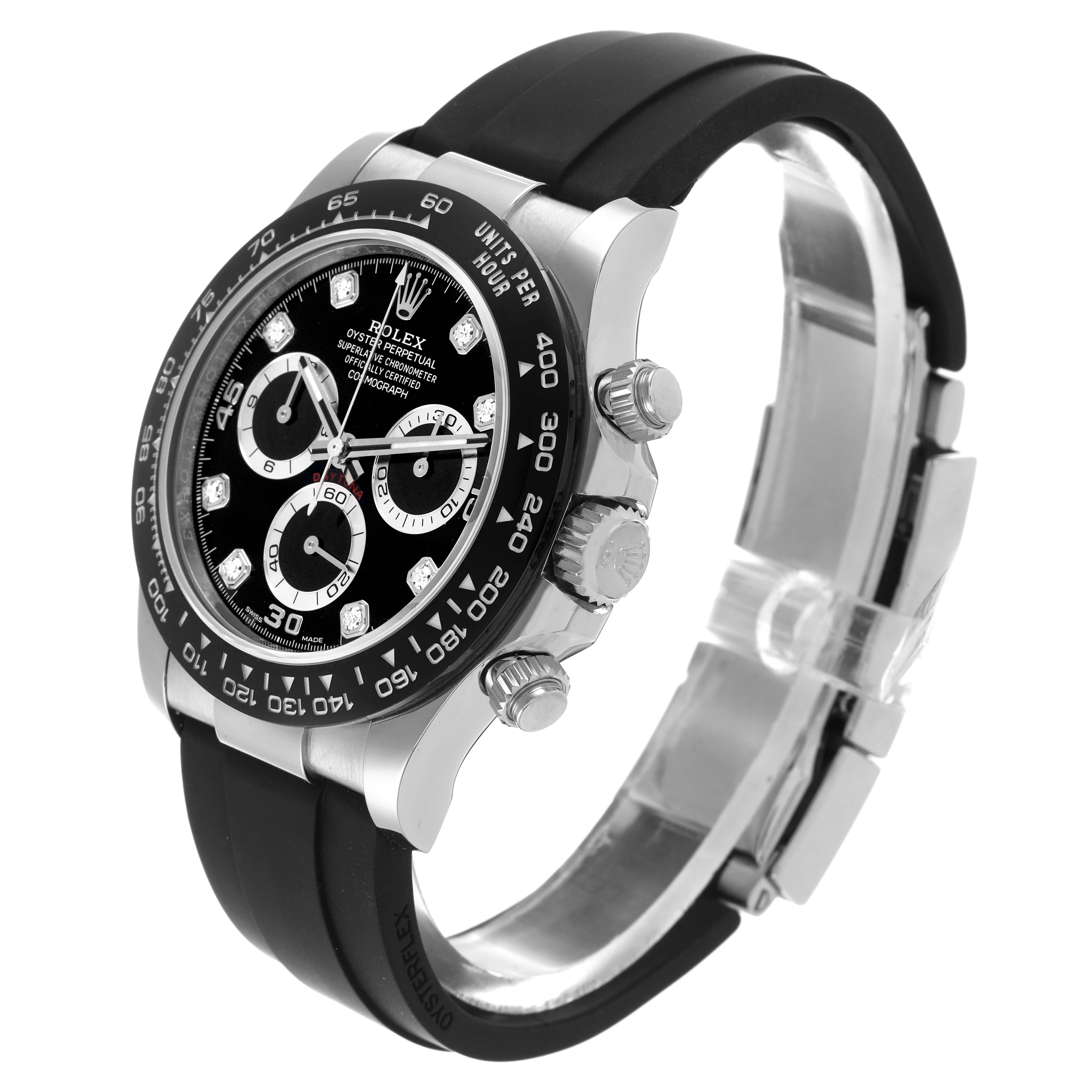 The Rolex Daytona 116519LN Men's White Gold Black Dial 116519LN Men's White Gold Black Dial watch is shown at a three-quarter angle, highlighting the bezel, crown, strap, and dial.