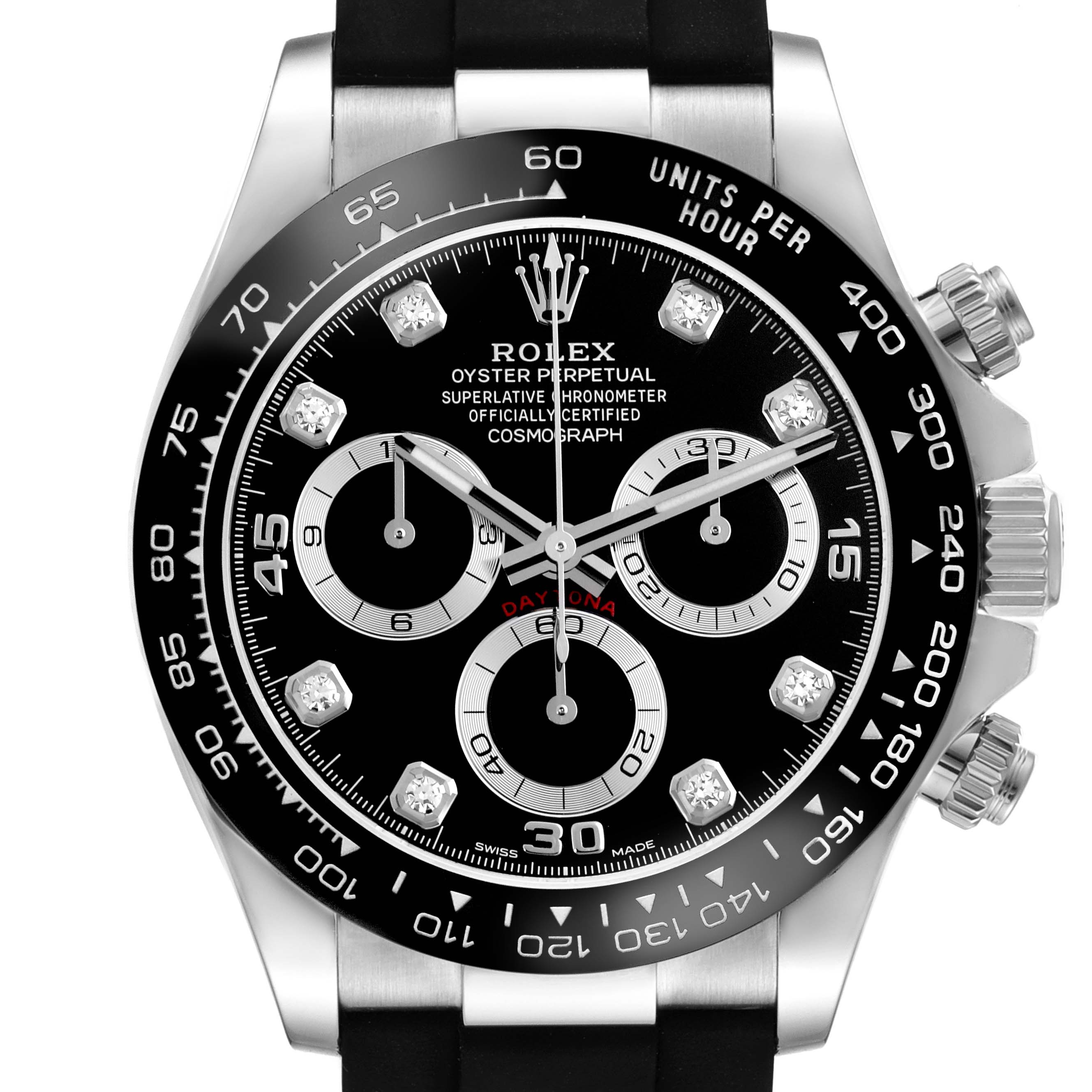 The Rolex Daytona 116519LN Men's White Gold Black Dial 116519LN Men's White Gold Black Dial watch is shown from the front, highlighting the dial, bezel, subdials, crown, and pushers.