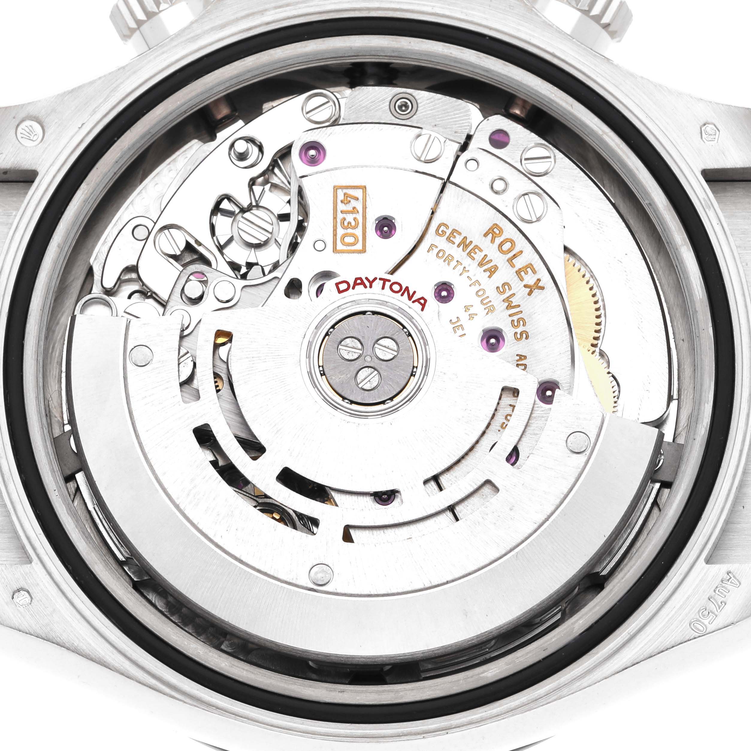 The image shows the movement and inner mechanism of a Rolex Daytona 116519LN Men's White Gold Black Dial 116519LN Men's White Gold Black Dial, viewed from the back with clear focus on the rotor and gears.