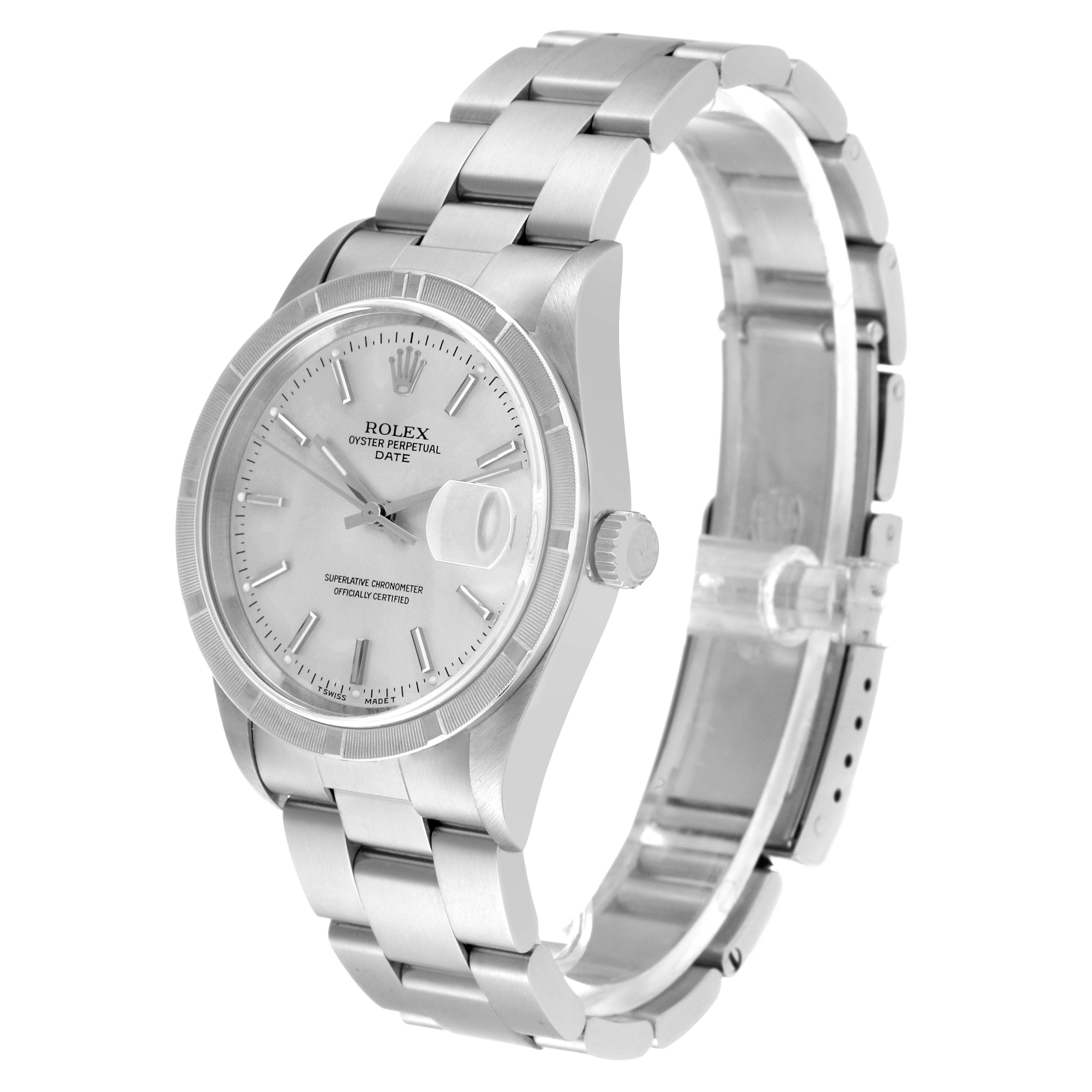 The image shows a Rolex Date 15210 Men's Stainless Steel Silver Dial 15210 Men's Stainless Steel Silver Dial model watch from a front-left angle, highlighting the dial, bezel, crown, and bracelet.