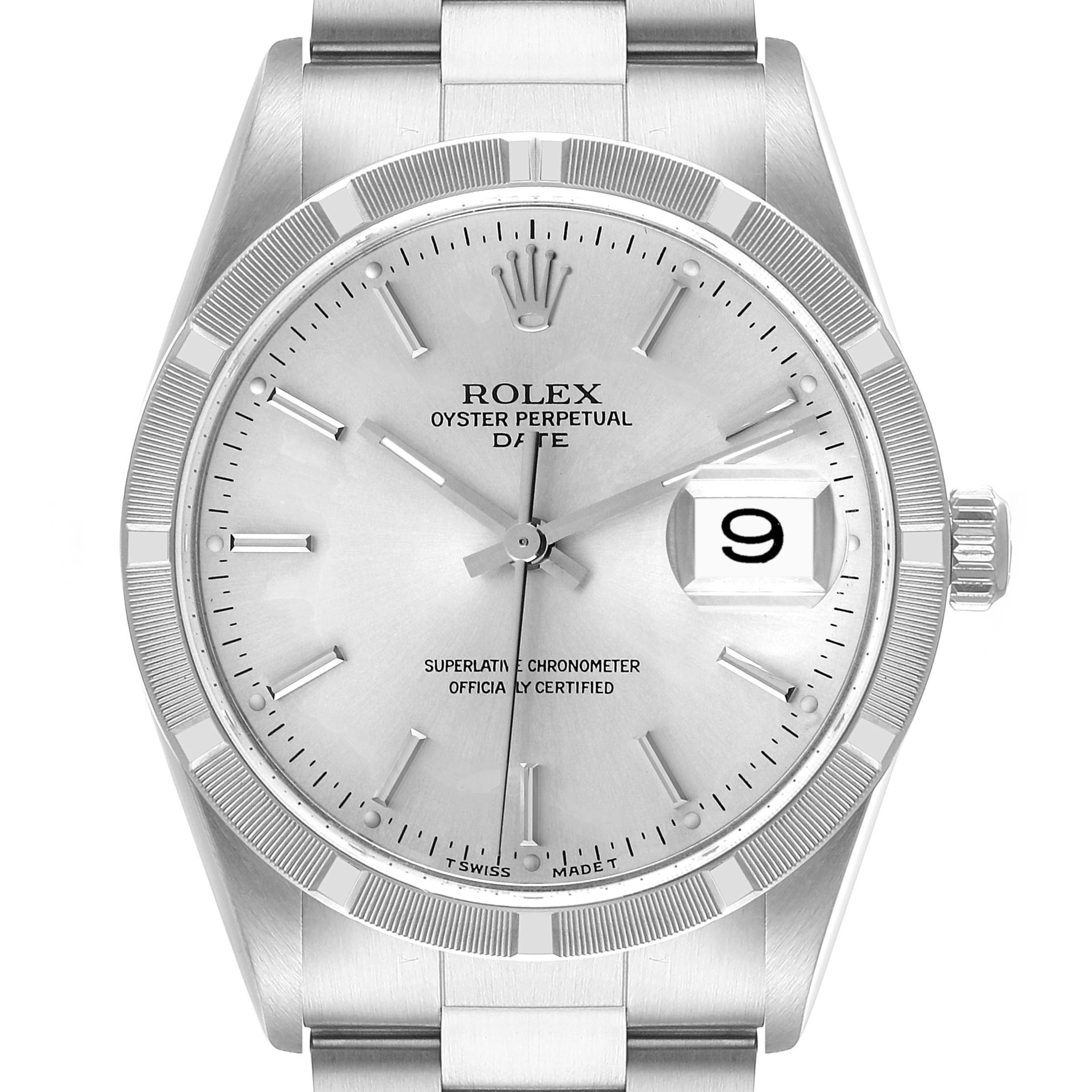 This is a front view of the Rolex Date 15210 Men's Stainless Steel Silver Dial 15210 Men's Stainless Steel Silver Dial model watch, showing the dial, hands, bezel, and bracelet.