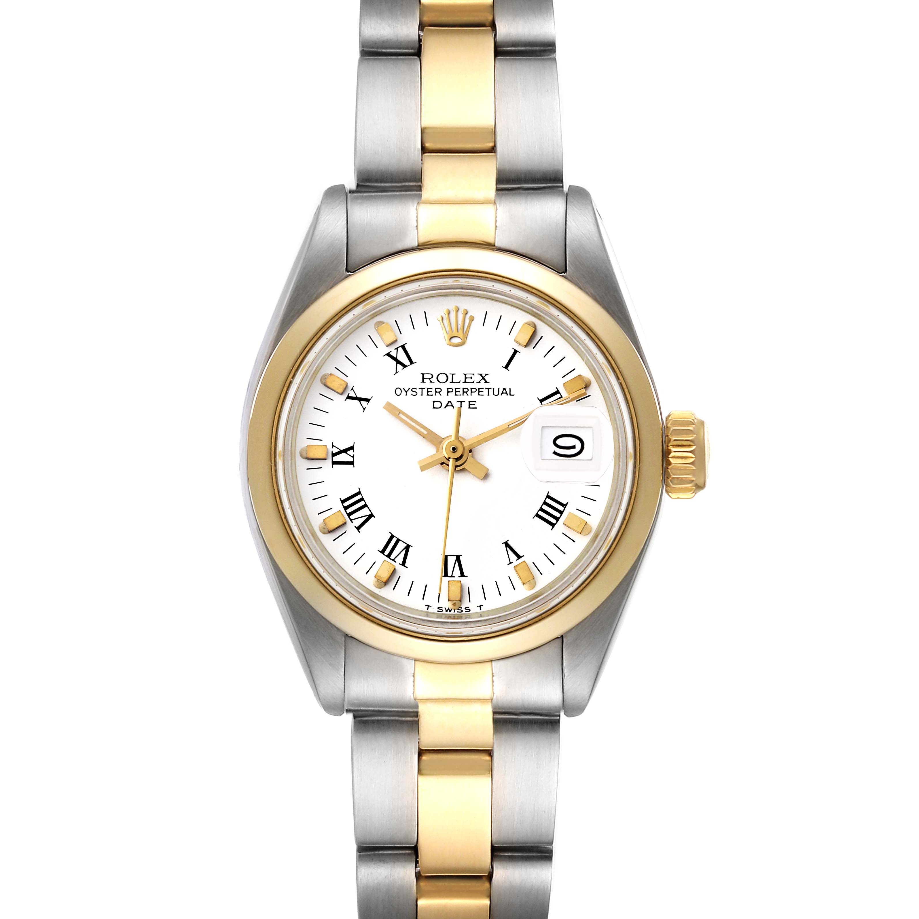 The image shows a frontal view of a Rolex Date 6916 Women's Steel and Gold (two tone) White Dial 6916 Women's Steel and Gold (two tone) White Dial watch, highlighting its face, bezel, and two-tone metal bracelet.