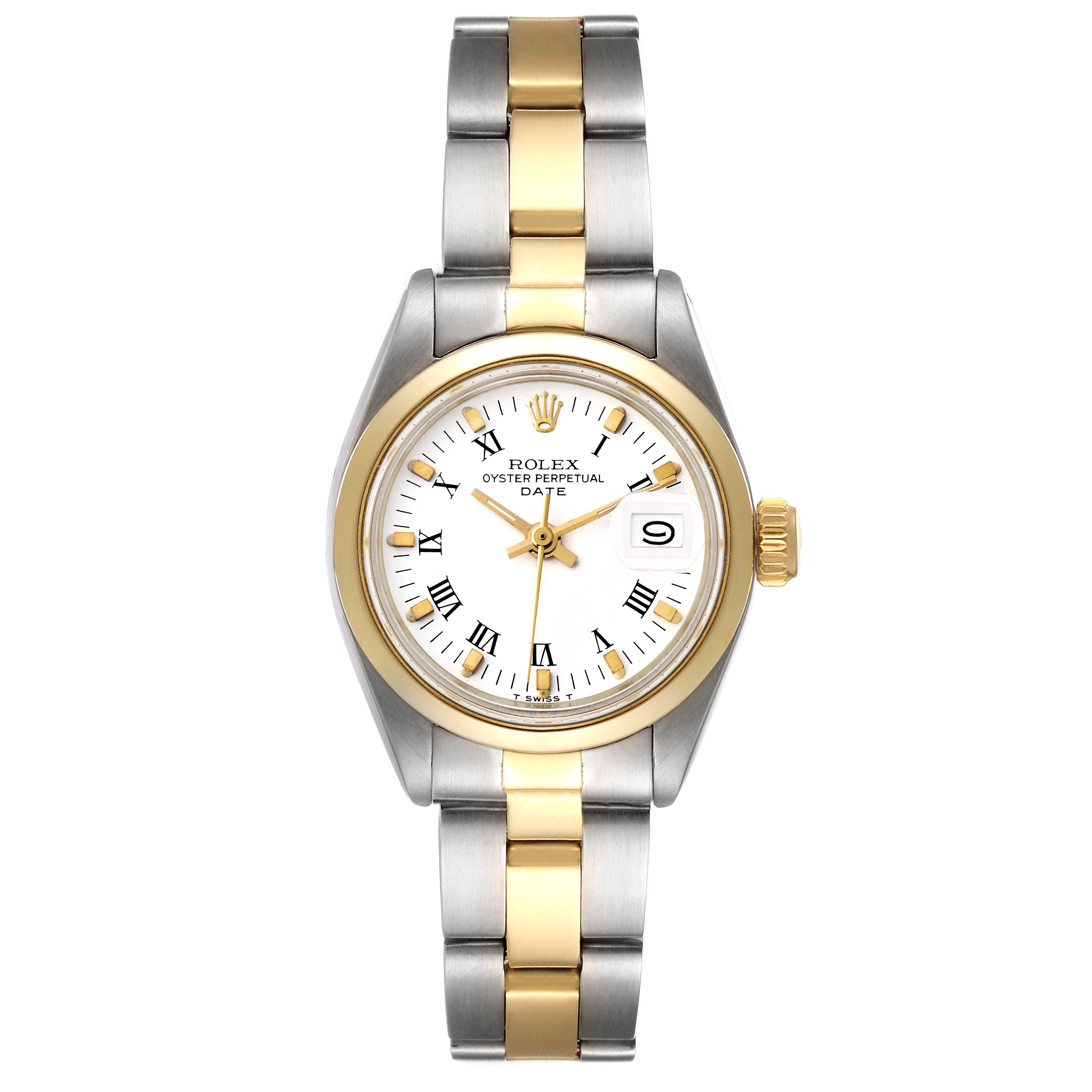 The Rolex Date 6916 Women's Steel and Gold (two tone) White Dial 6916 Women's Steel and Gold (two tone) White Dial model watch is shown from a top-down angle, displaying the face, bezel, and two-tone bracelet.