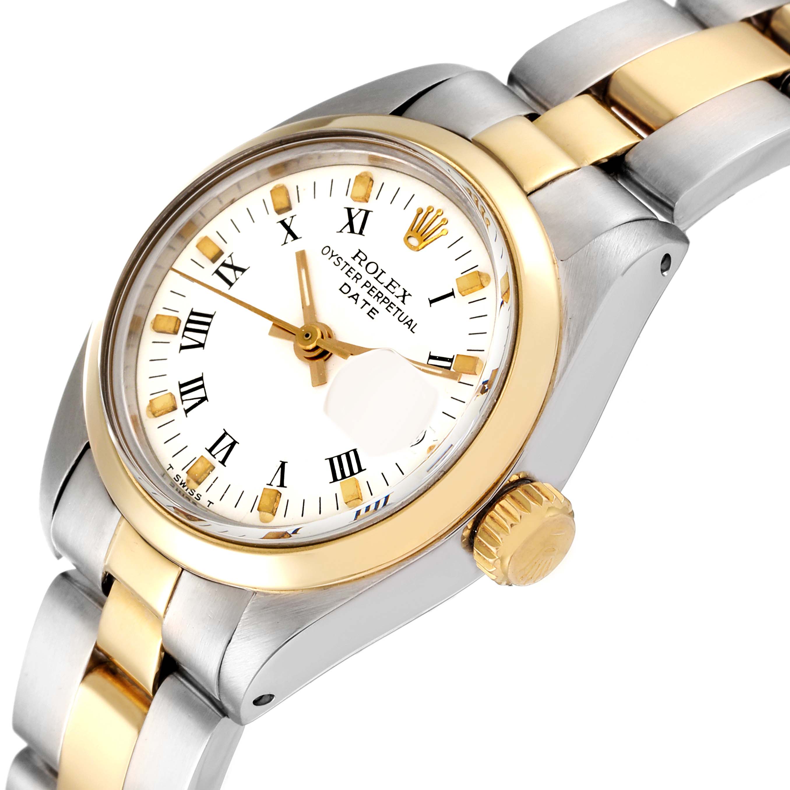 The image shows the dial, crown, and part of the bracelet of a Rolex Oyster Perpetual Date watch at an angled perspective.