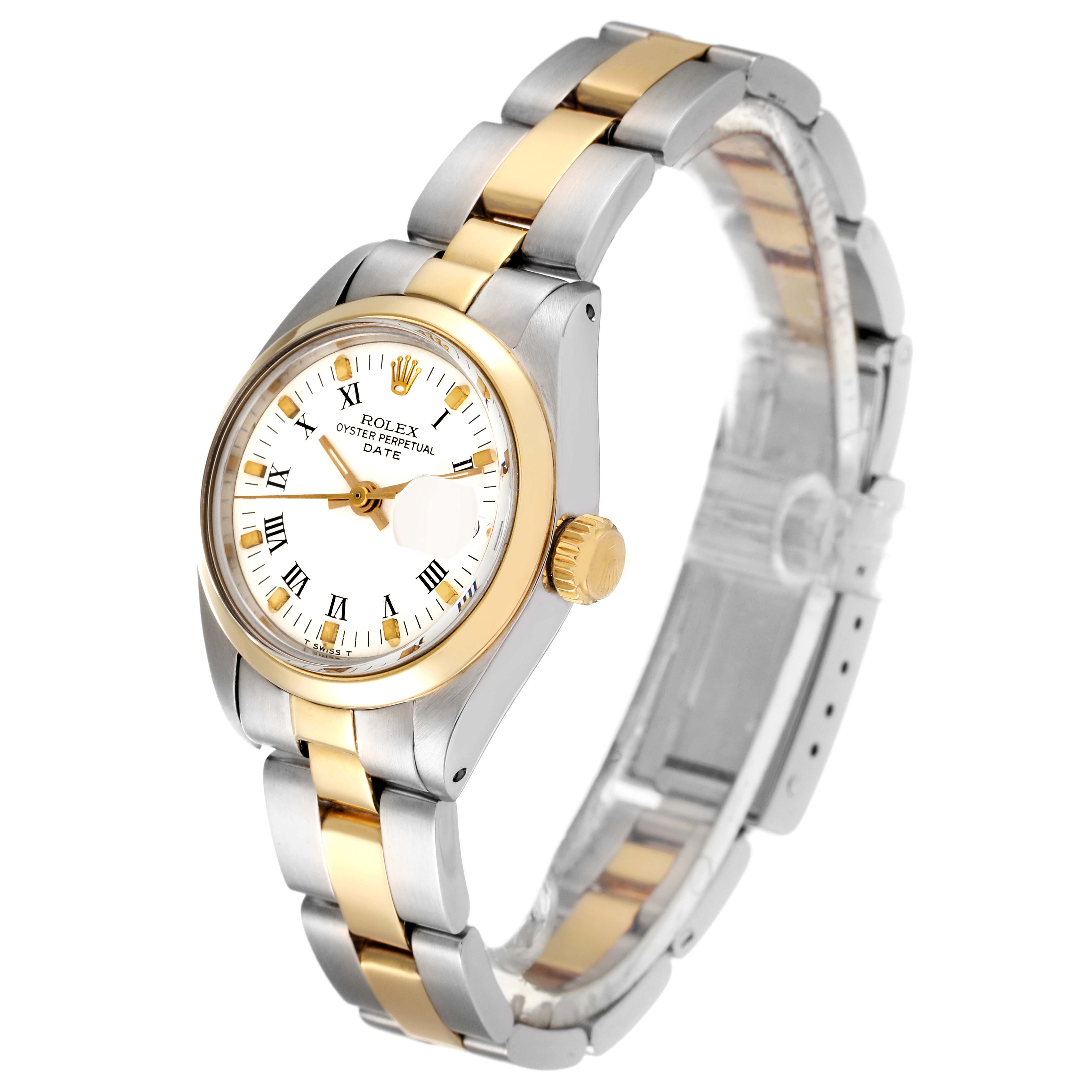 This image shows a Rolex Date 6916 Women's Steel and Gold (two tone) White Dial 6916 Women's Steel and Gold (two tone) White Dial model watch at a slight side angle, highlighting the two-tone bracelet, dial, bezel, and crown.
