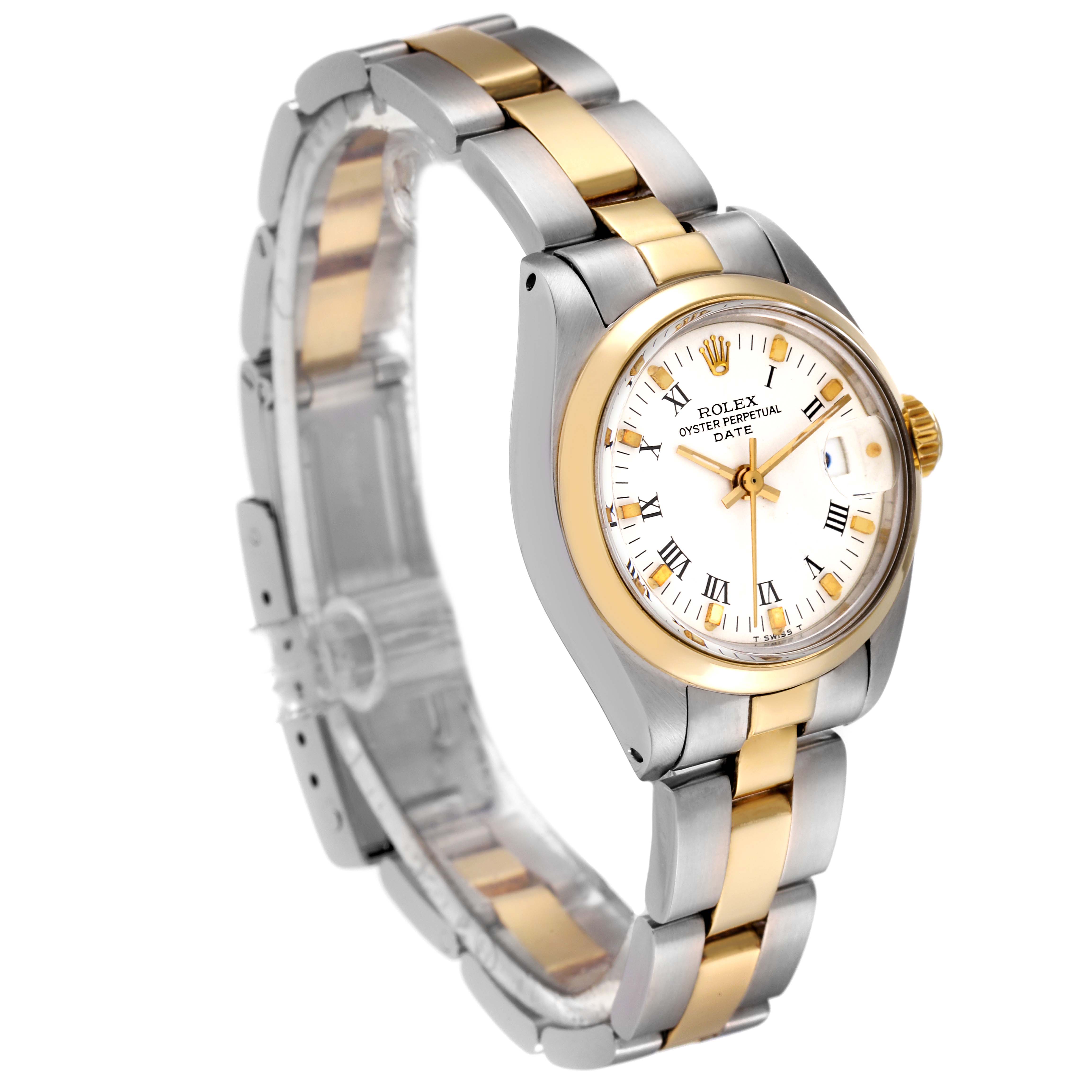 The Rolex Date 6916 Women's Steel and Gold (two tone) White Dial 6916 Women's Steel and Gold (two tone) White Dial model watch is shown at a three-quarter angle, highlighting the dial, bracelet, and bezel.