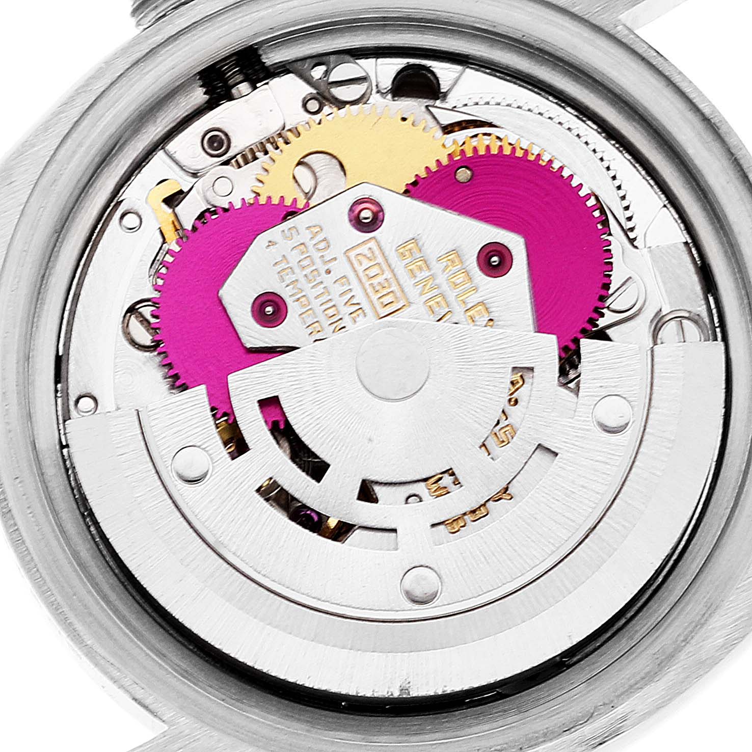 The image shows the internal mechanism of a Rolex Date 6916 Women's Steel and Gold (two tone) White Dial 6916 Women's Steel and Gold (two tone) White Dial model watch, highlighting the movement and gear components.