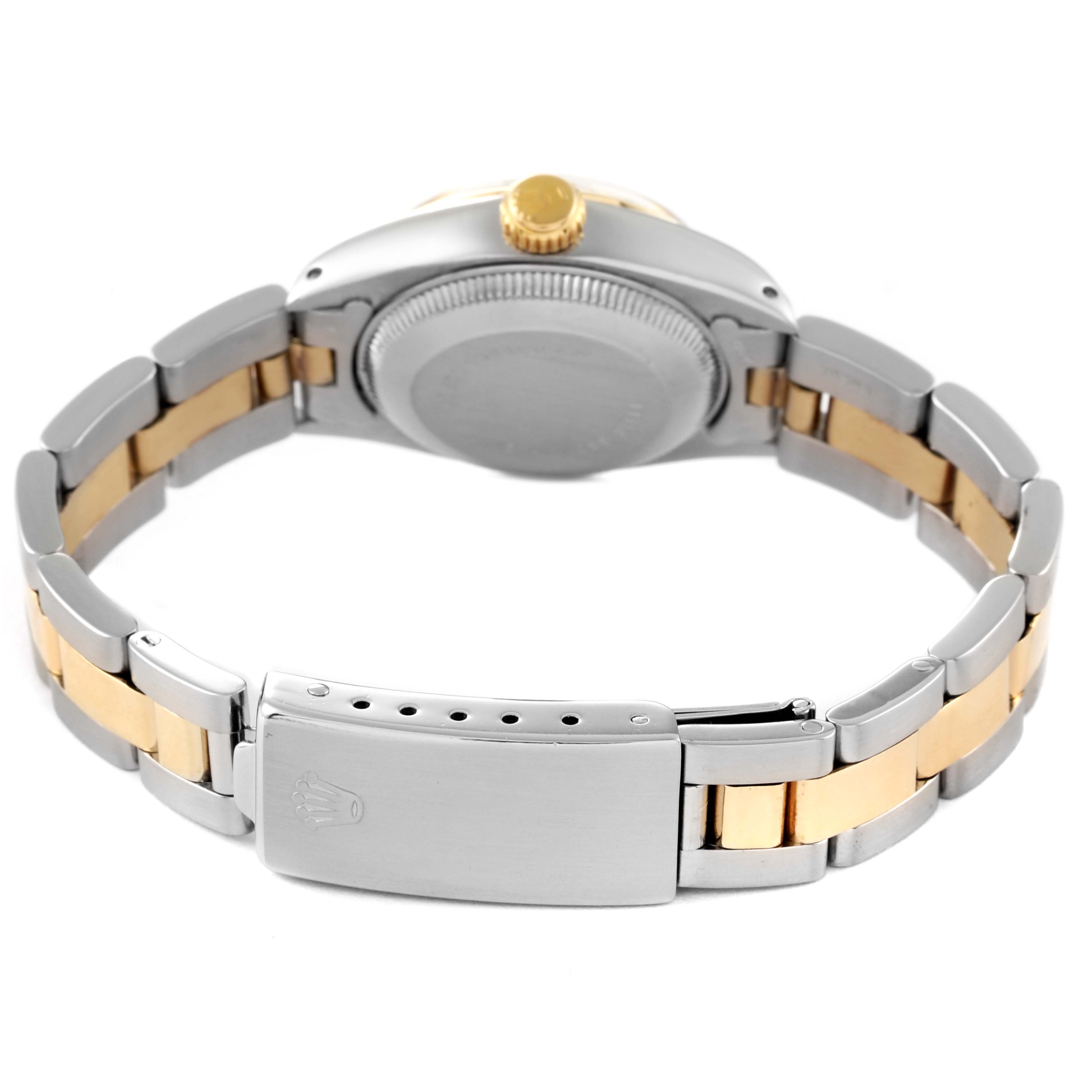 The image shows the back and band of a Rolex Date 6916 Women's Steel and Gold (two tone) White Dial 6916 Women's Steel and Gold (two tone) White Dial model watch, highlighting the clasp and two-tone metal links.