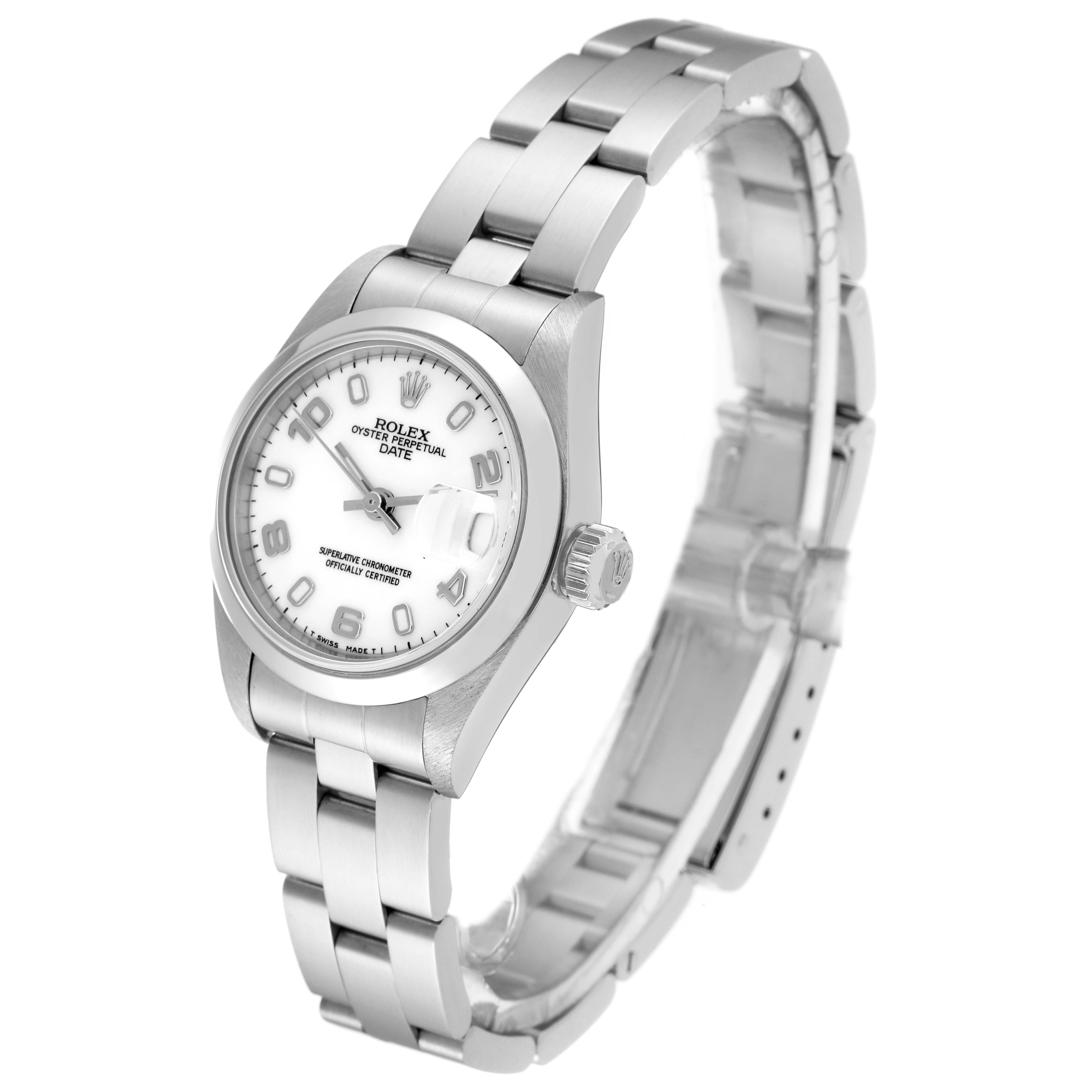 The image shows a Rolex Date 69160 Women
s Stainless Steel White Dial 69160 Women
s Stainless Steel White Dial model watch at a three-quarter angle, highlighting the dial, bezel, crown, and bracelet.
