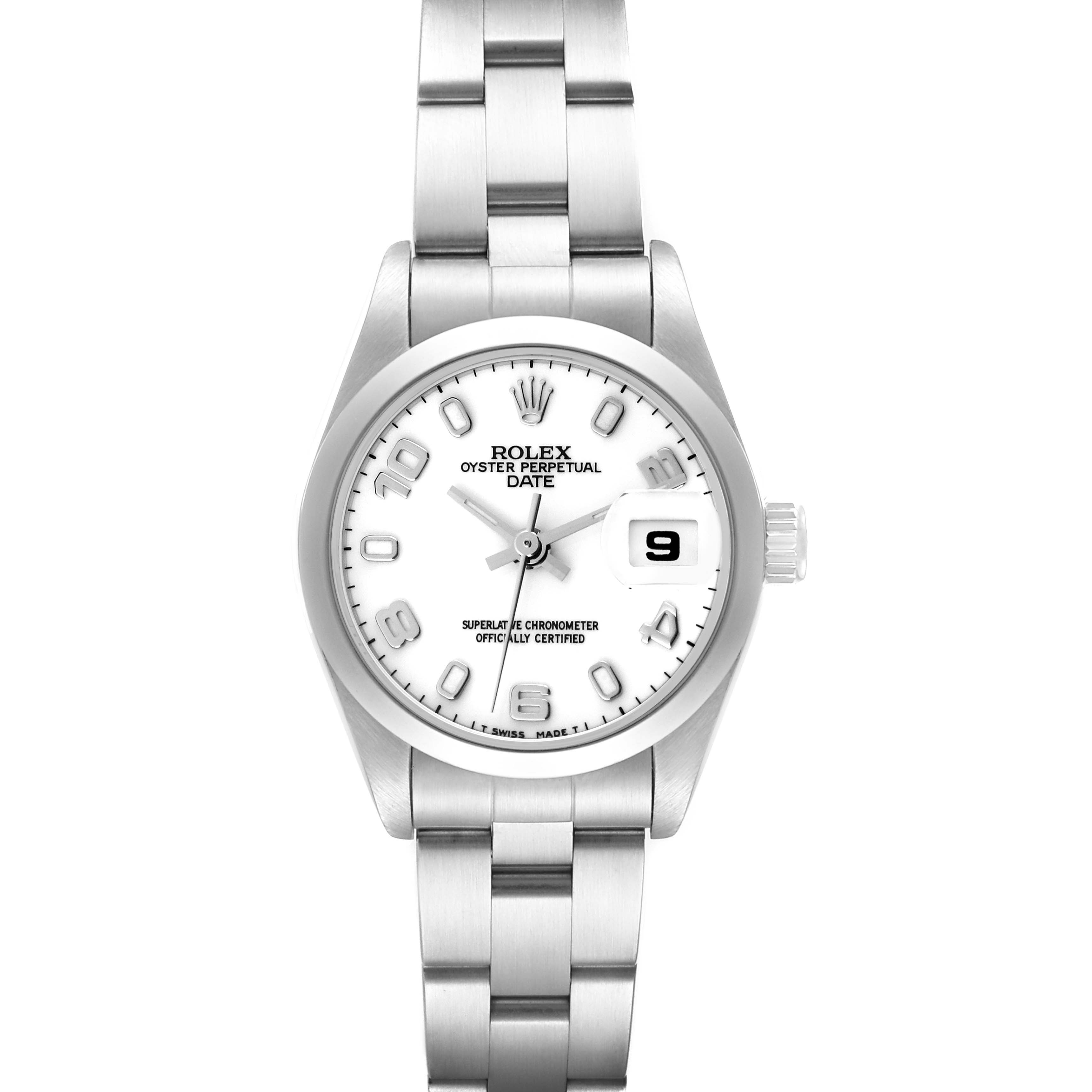 This image shows a front view of a Rolex Date 69160 Women
s Stainless Steel White Dial 69160 Women
s Stainless Steel White Dial model watch, displaying its dial, case, bezel, and bracelet.