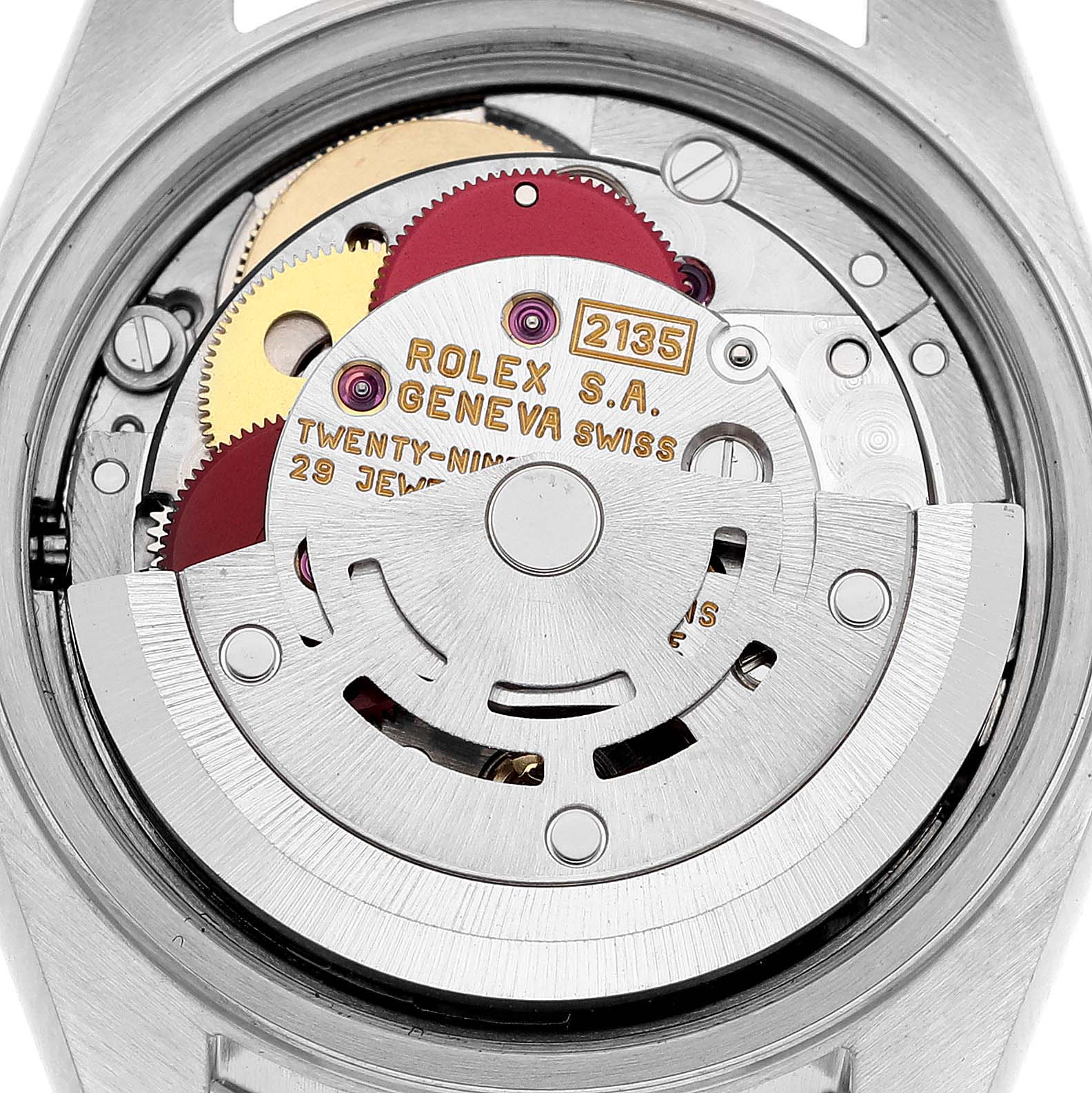 The image shows a close-up of the movement and inner mechanics of a Rolex Date 69160 Women
s Stainless Steel White Dial 69160 Women
s Stainless Steel White Dial model watch.