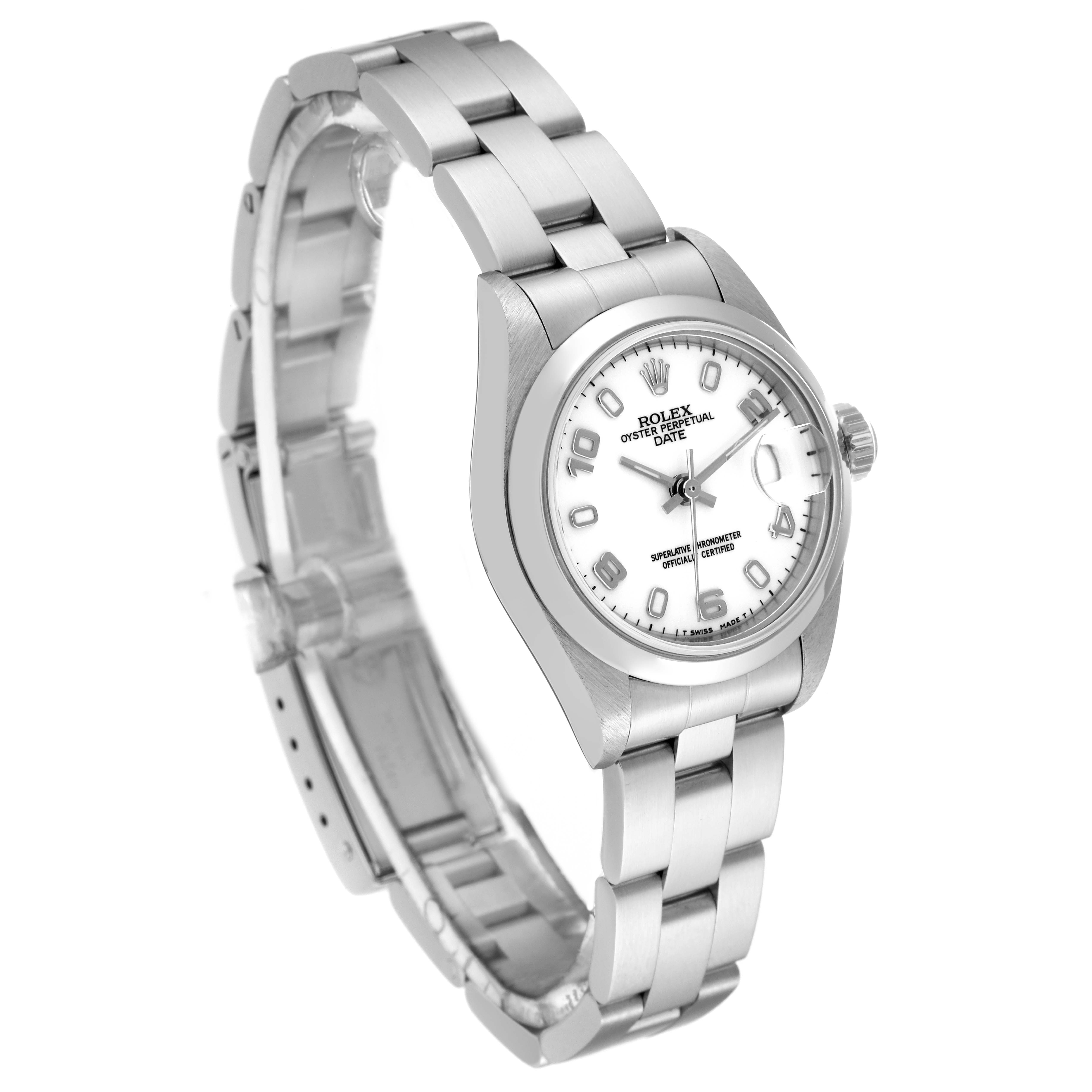 This image displays a Rolex Date 69160 Women
s Stainless Steel White Dial 69160 Women
s Stainless Steel White Dial model watch at an angle showing the face, bezel, and bracelet.