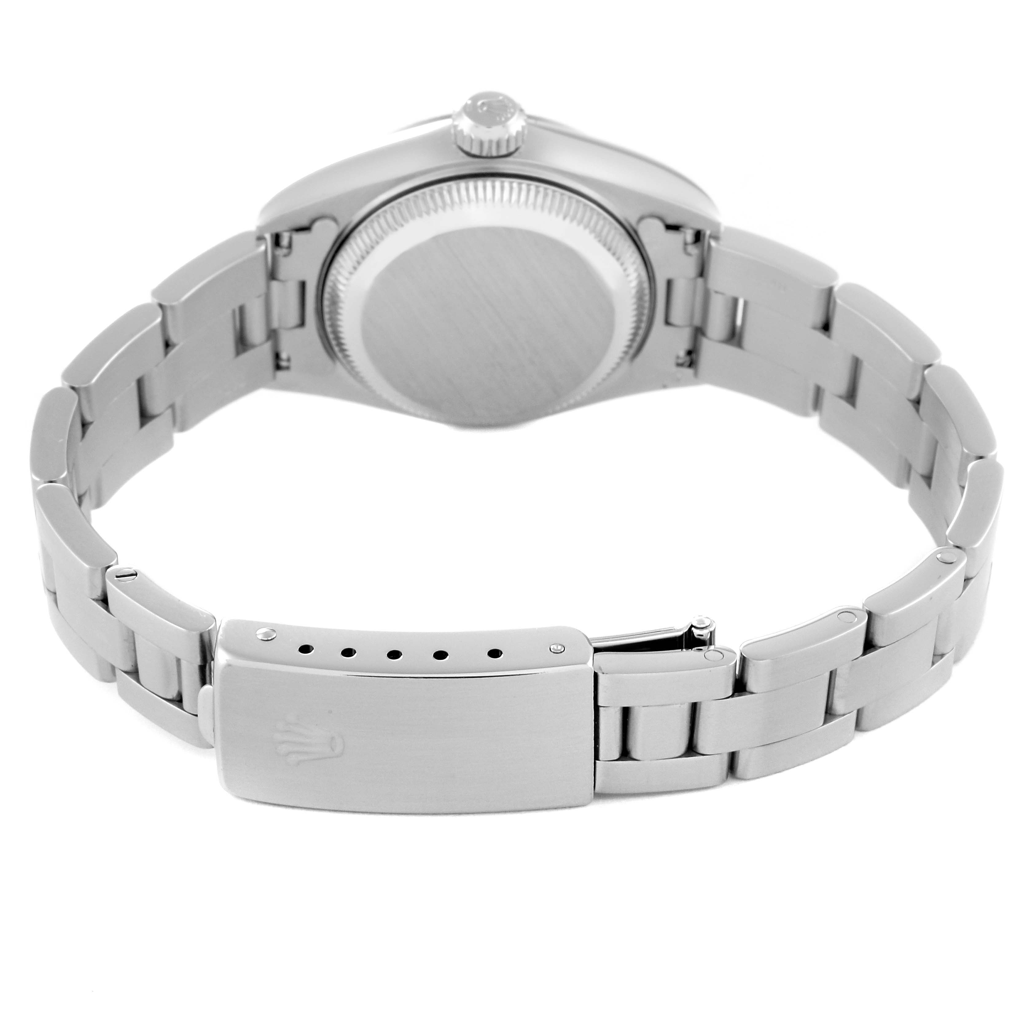 This image shows the back of the Rolex Date 69160 Women
s Stainless Steel White Dial 69160 Women
s Stainless Steel White Dial model watch, focusing on its case, bracelet, and clasp.