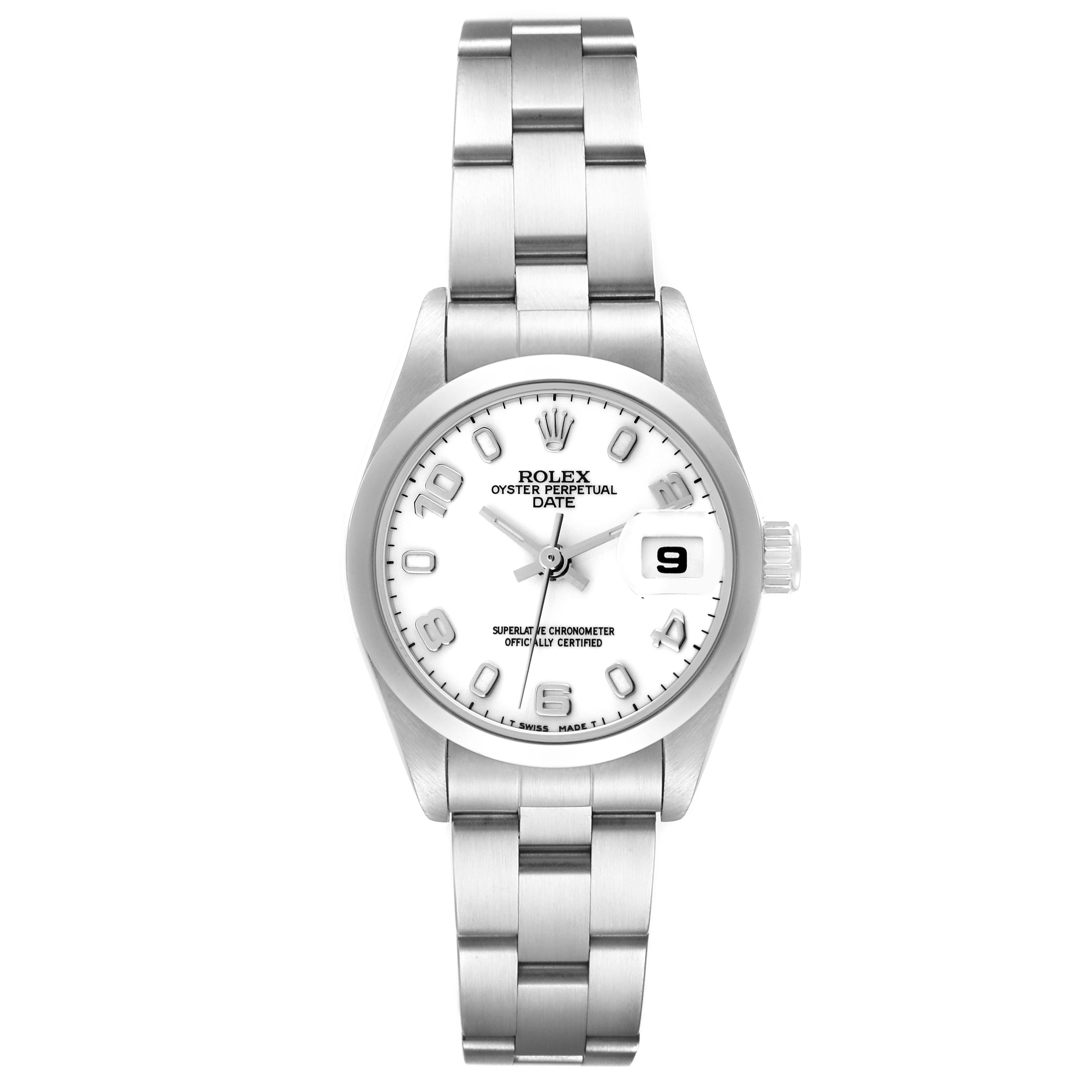 This Rolex Date 69160 Women
s Stainless Steel White Dial 69160 Women
s Stainless Steel White Dial model is shown from a top-down angle, displaying the face, bezel, and bracelet.