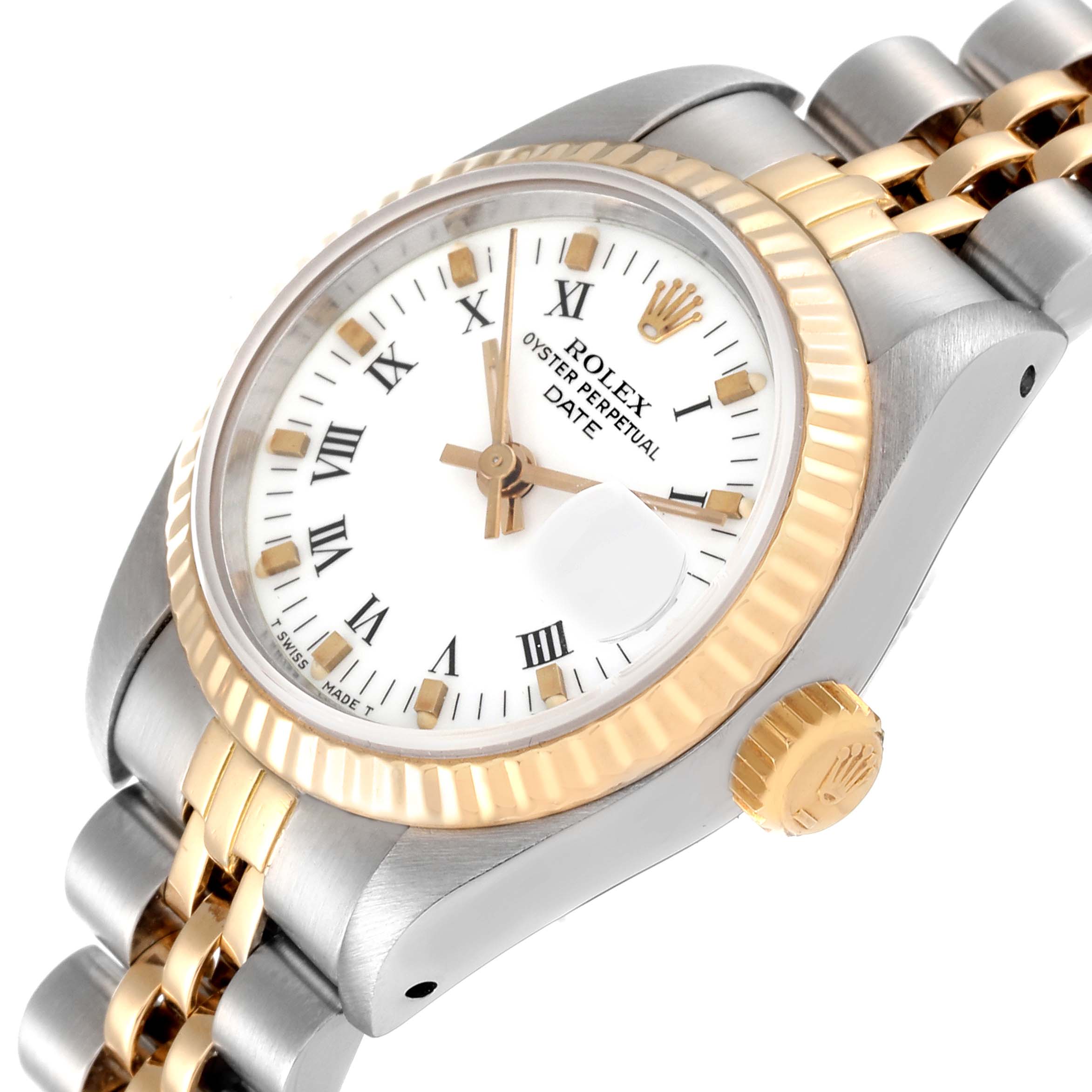 The image shows a Rolex Datejust 69173 Women's Steel and Gold (two tone) White Dial 69173 Women's Steel and Gold (two tone) White Dial watch at an oblique angle, highlighting the dial, fluted bezel, crown, and two-tone bracelet.
