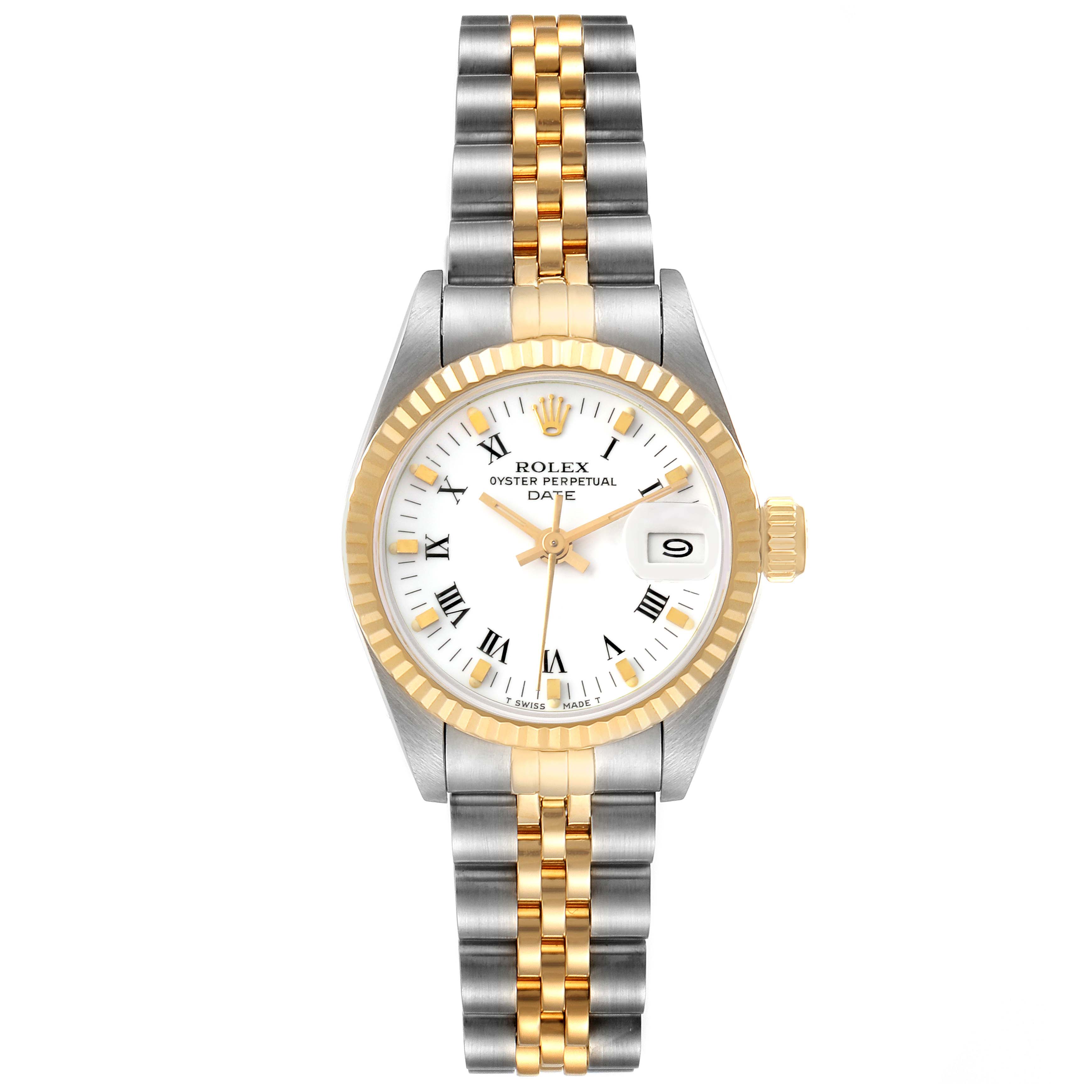 This image shows a front view of the Rolex Datejust 69173 Women's Steel and Gold (two tone) White Dial 69173 Women's Steel and Gold (two tone) White Dial watch, highlighting its dial, bezel, crown, and two-tone bracelet.