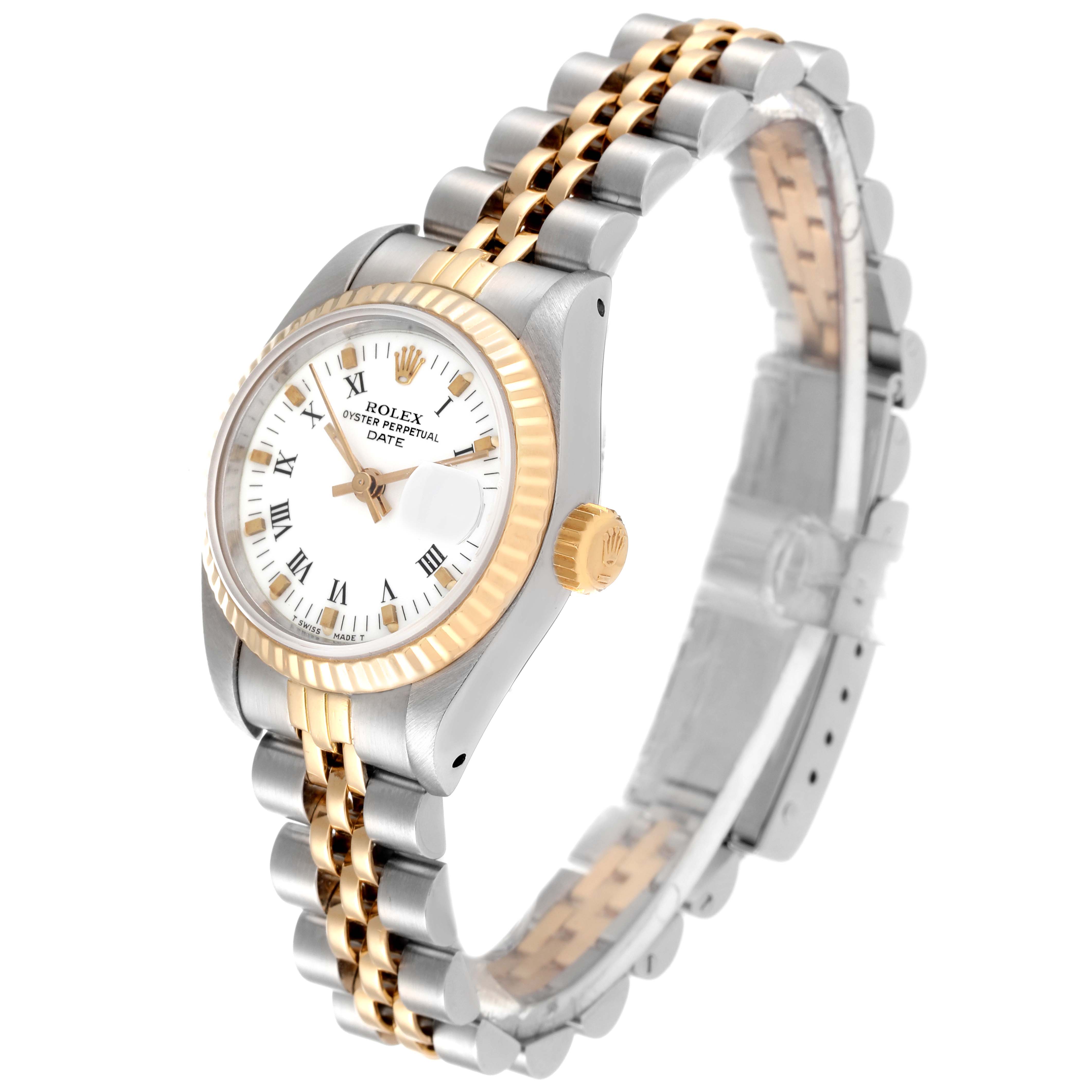 The Rolex Datejust 69173 Women's Steel and Gold (two tone) White Dial 69173 Women's Steel and Gold (two tone) White Dial watch is shown at an angle displaying the face, bezel, crown, and two-tone Jubilee bracelet.