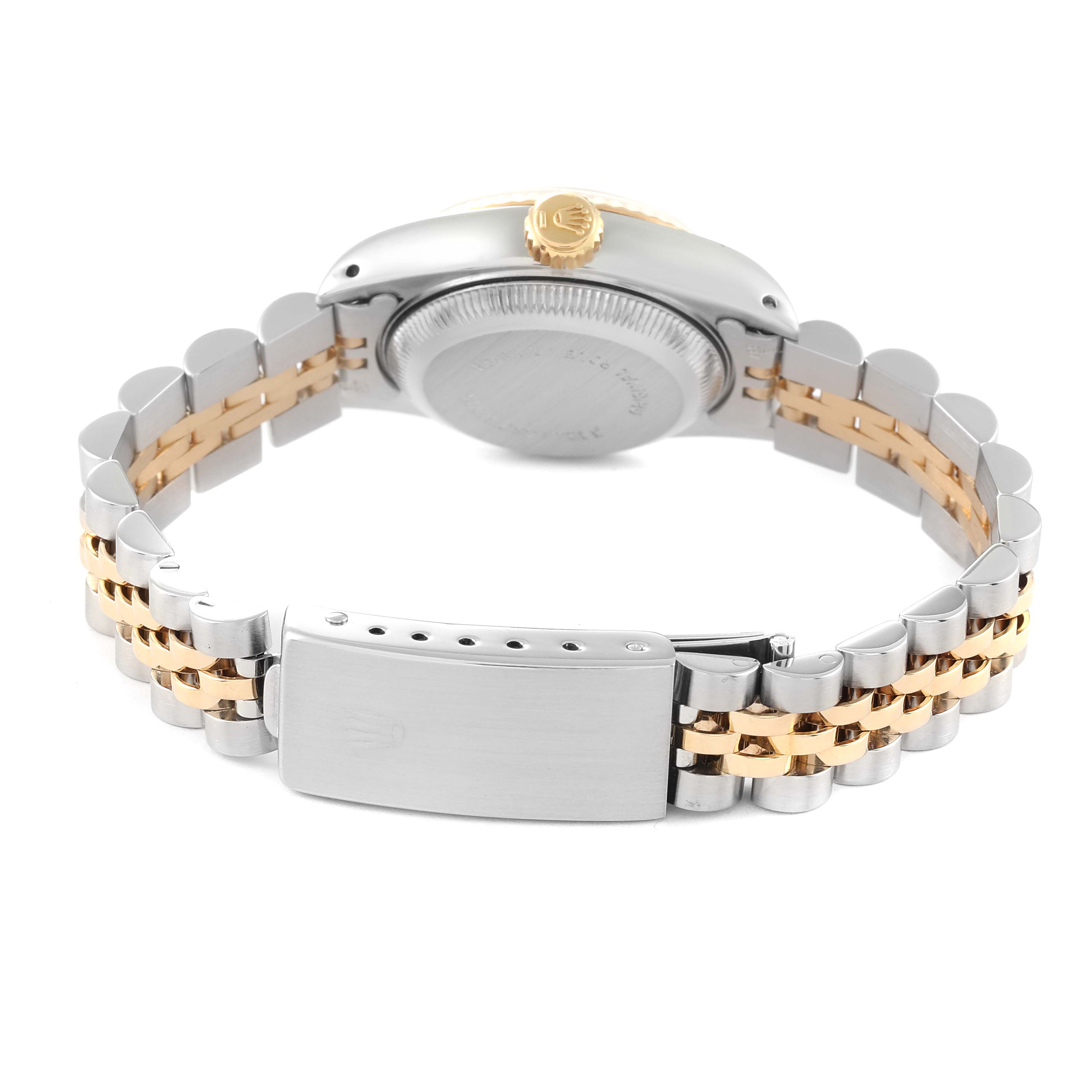 The image shows a rear angle of the Rolex Datejust 69173 Women's Steel and Gold (two tone) White Dial 69173 Women's Steel and Gold (two tone) White Dial watch, highlighting its two-tone bracelet and clasp.